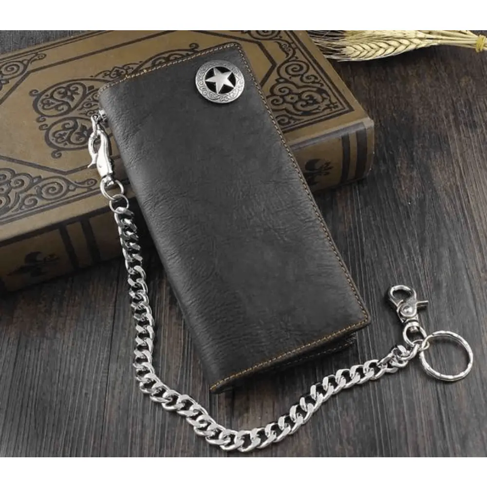 Men'S Vintage Biker Wallet Western Star Concho Studded Genuine Leather Checkbook Wallet With Chain