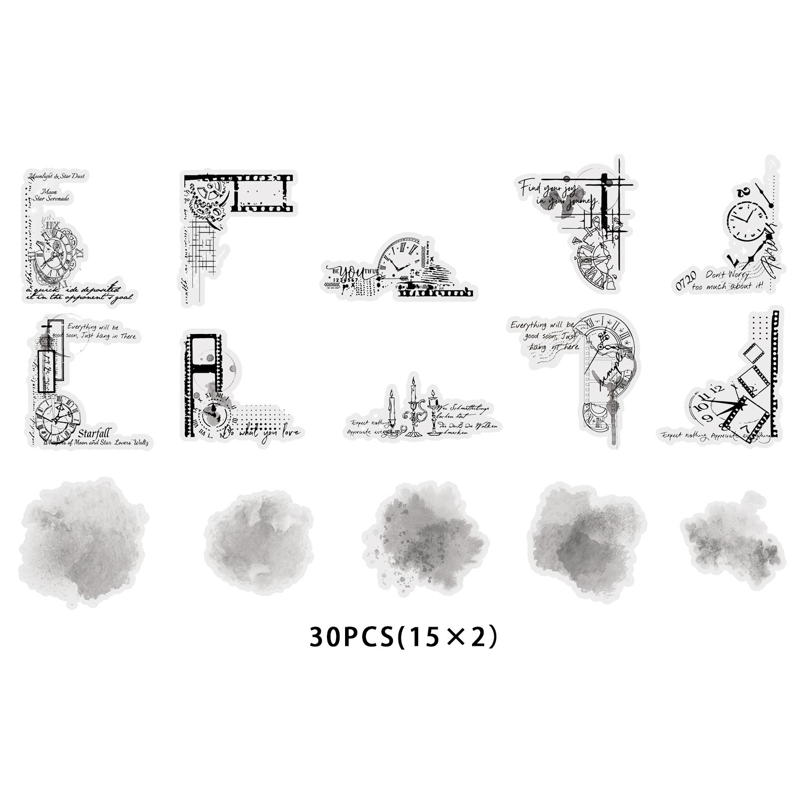 Etori Life 30Pcs Vintage Black and White Clock Film Phrase Stickers Light Retro Journal Decoration Stickers for Laptops, Phone Stickers, Suitcases, Office Decoration Accessories, Guitars, Photo Albums, DIY Crafts, Room Decoration, Card Making