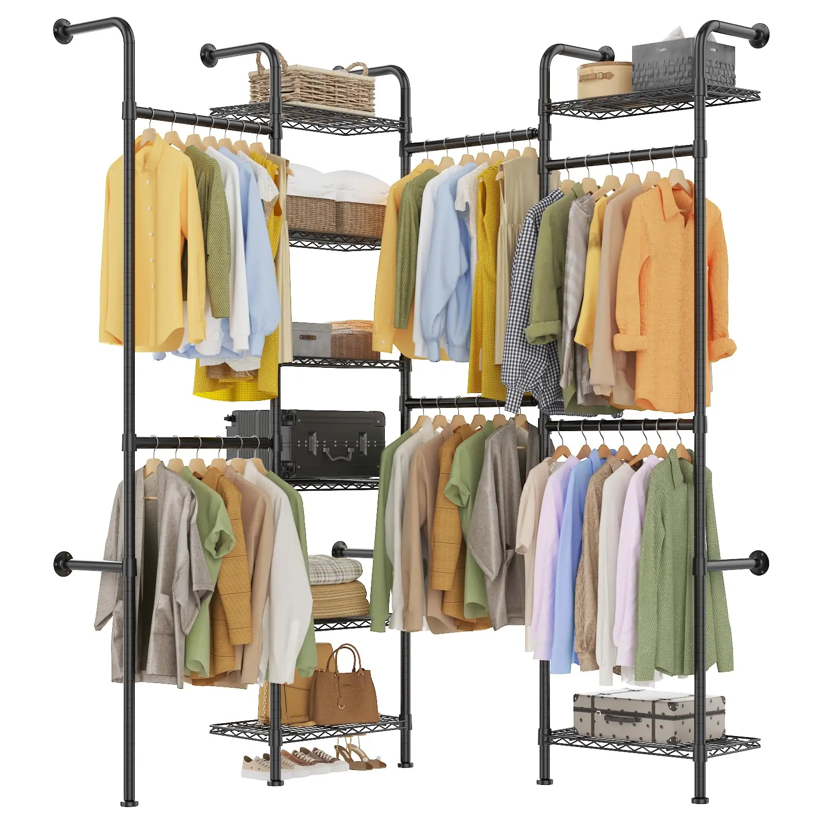 Matte Black Wall-Mounted Heavy-Duty Closet Storage Organizer, 8-Tier Modular Wire Shelving System with Expandable Carbon Steel Hanging Rods (23.62-35.43 in), Commercial-Grade Rack for Wardrobe & Utility Storage, Expandable Rods