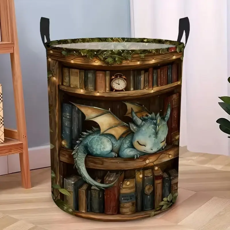 1pc Round Laundry Basket, Cozy Bookshelf Dragon Pattern, Spacious Laundry Basket, Collapsible Laundry Basket Easy Storage, Durable Polyester Material, Dorm And Laundry Room Storage, Versatile Storage Solution, Laundry Baskets, Shelf Baskets