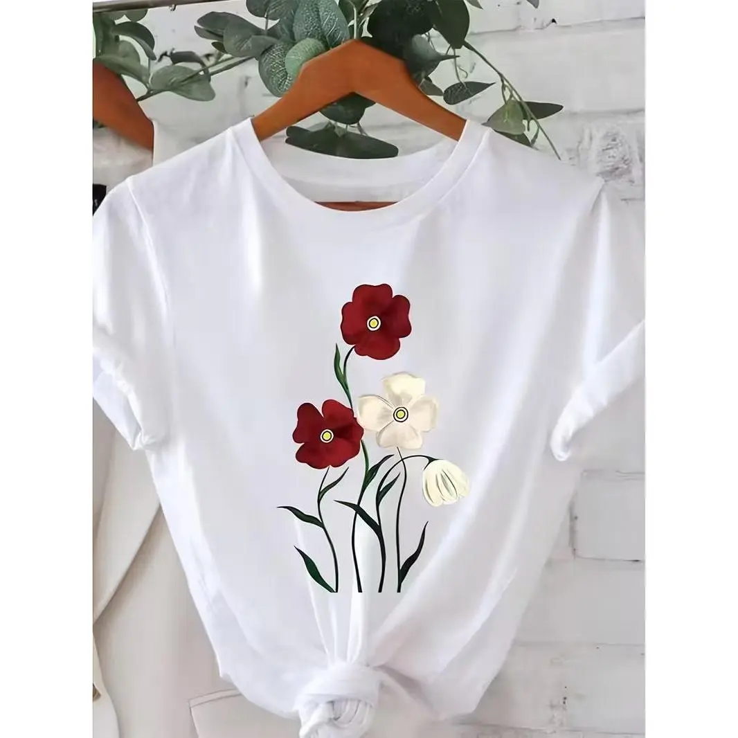 Women Minimal Vintage Vertical Red & Cream Poppy Wildflower Stem Graphic T-Shirt Soft White Cotton Short Sleeve Top Cottagecore Botanical Flower Lover Casual Daily Wear Tee, Shortsleeve, Breathable