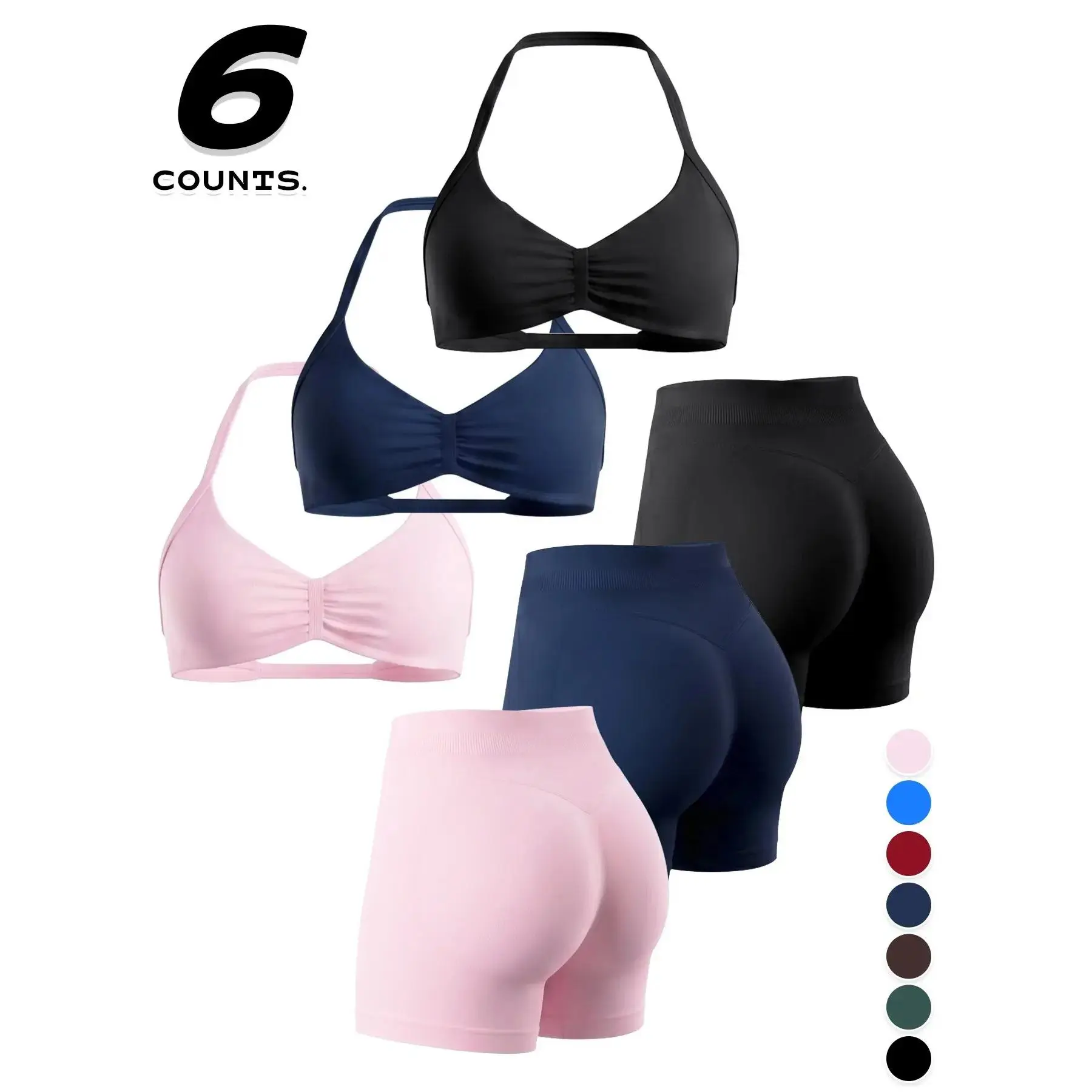 Women's Seamless Knit 6-Piece Workout Sets, Athleisure Activewear - Backless Padded Sports Bra, High-Elastic Yoga Shorts, Contrast Color Halter, All-Seasons High Stretch Gym Outfits, Workout Sets Women