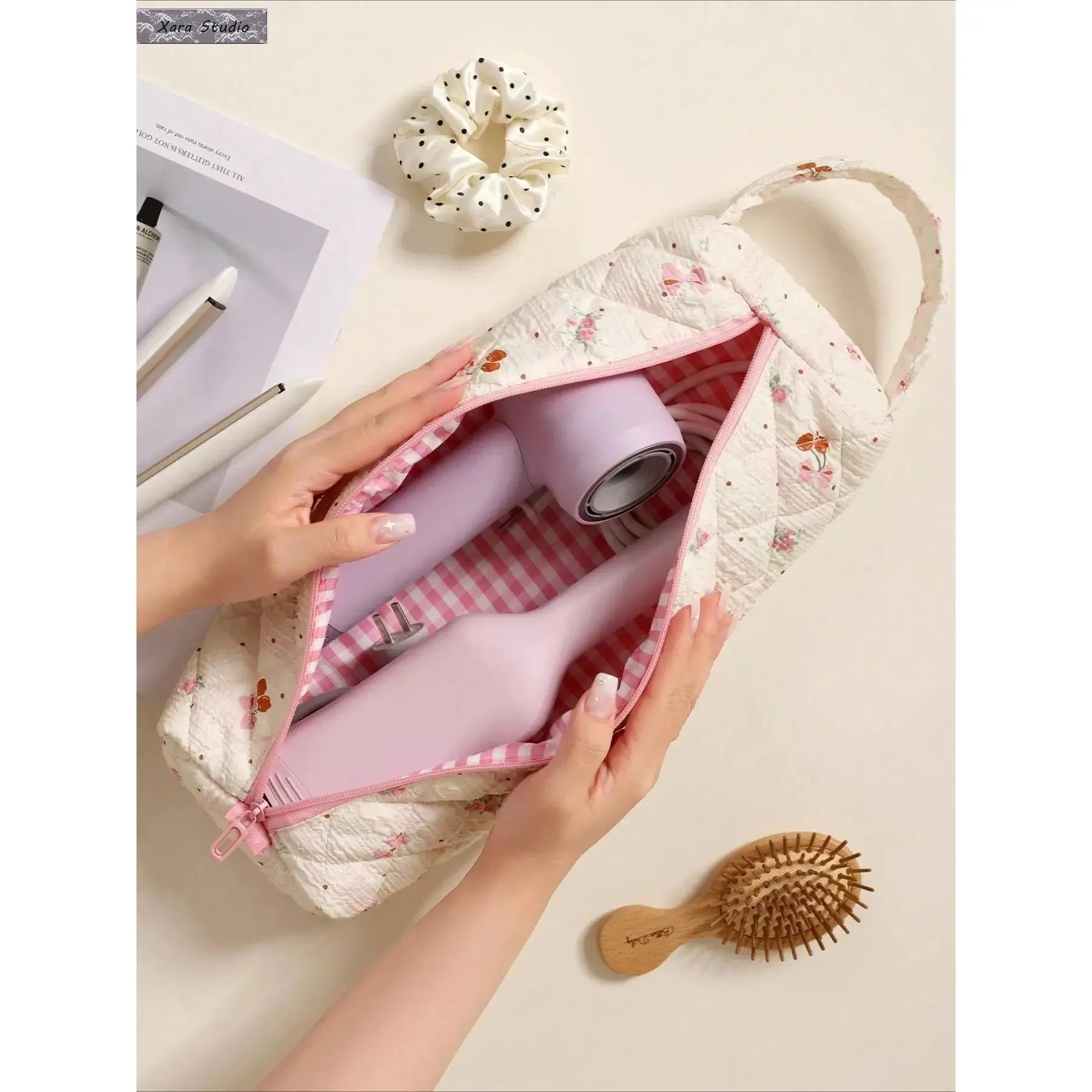 Quilted Floral Bow Print Hair Tool Organizer Bag - Travel Storage Case for Hair Dryer, Curling Iron, Straightener, Portable Zipper Cosmetic Pouch, Teen Girl Gifts, Girly Birthday Gifts, Cute Travel Stuff for Home & Vacation, Travel Makeup Pouch, Cute Gift