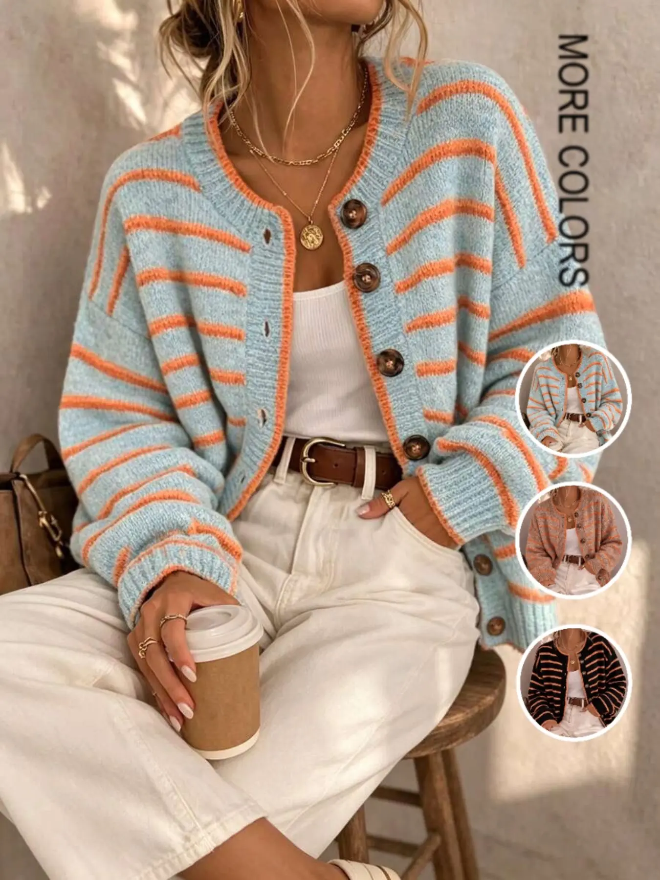 Autumn Winter New Round Neck Colorful Striped Knit Cardigan, Casual Loose Fit Pullover, Soft Fashionable Women's Outerwear
