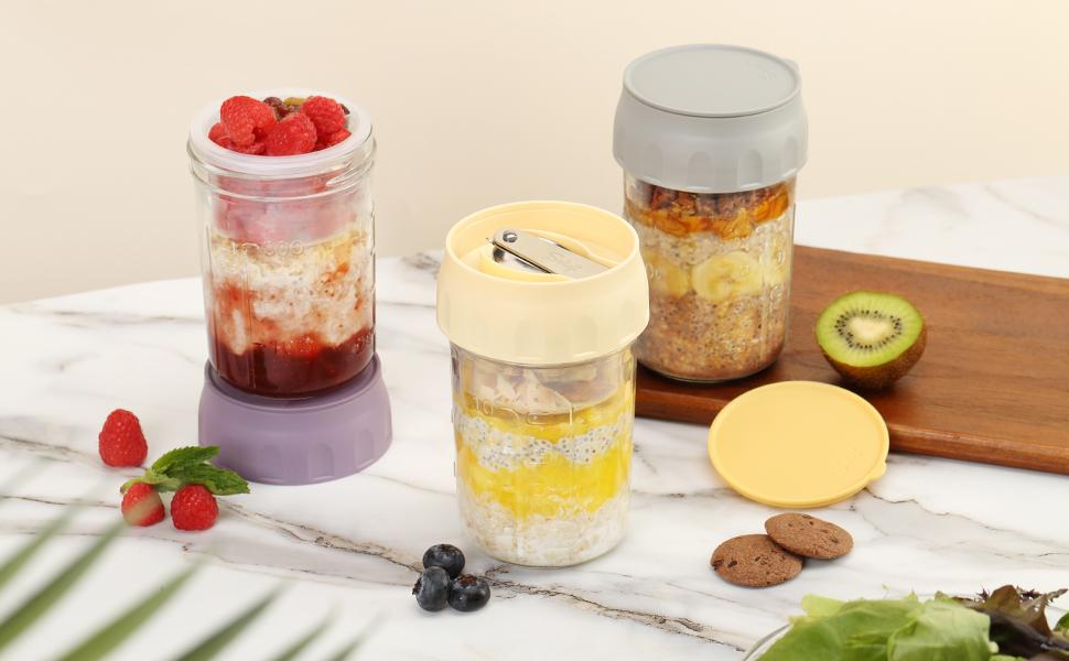 Soligt Overnight Oats Containers with Lids, Folding Spoons, and Divided Compartments for Fruit & Nuts, Small Glass 16oz Mason Jars for Oatmeal Yogurt Parfait Kitchen Utensils Portable Plastic Travel meal prep containers Soligt Overnight Oats Containers with Lids, Folding Spoons, and Divided Compartments for Fruit & Nuts, Small Glass 16oz Mason Jars for Oatmeal Yogurt Parfait Kitchen Utensils Portable Plastic Travel meal prep containers