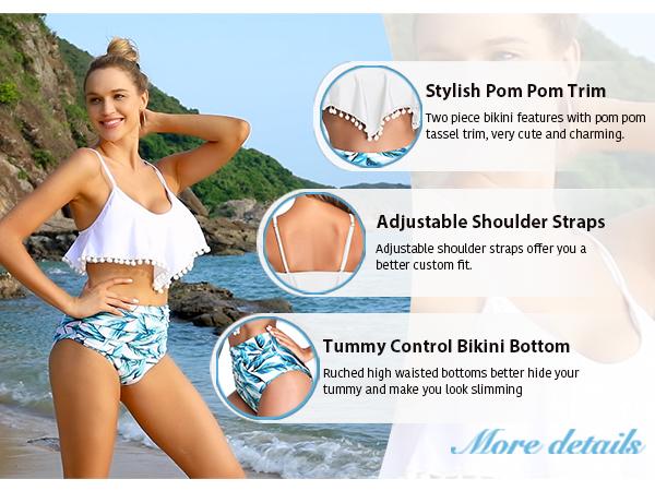 Tempt Me Women Two Piece High Waisted Bikini Set Ruffle Swimsuit Flounce Pom Pom Trim Bathing Suit with Full Coverage Swim Bottoms Flowy Swim Tops Tummy Control Swimsuits