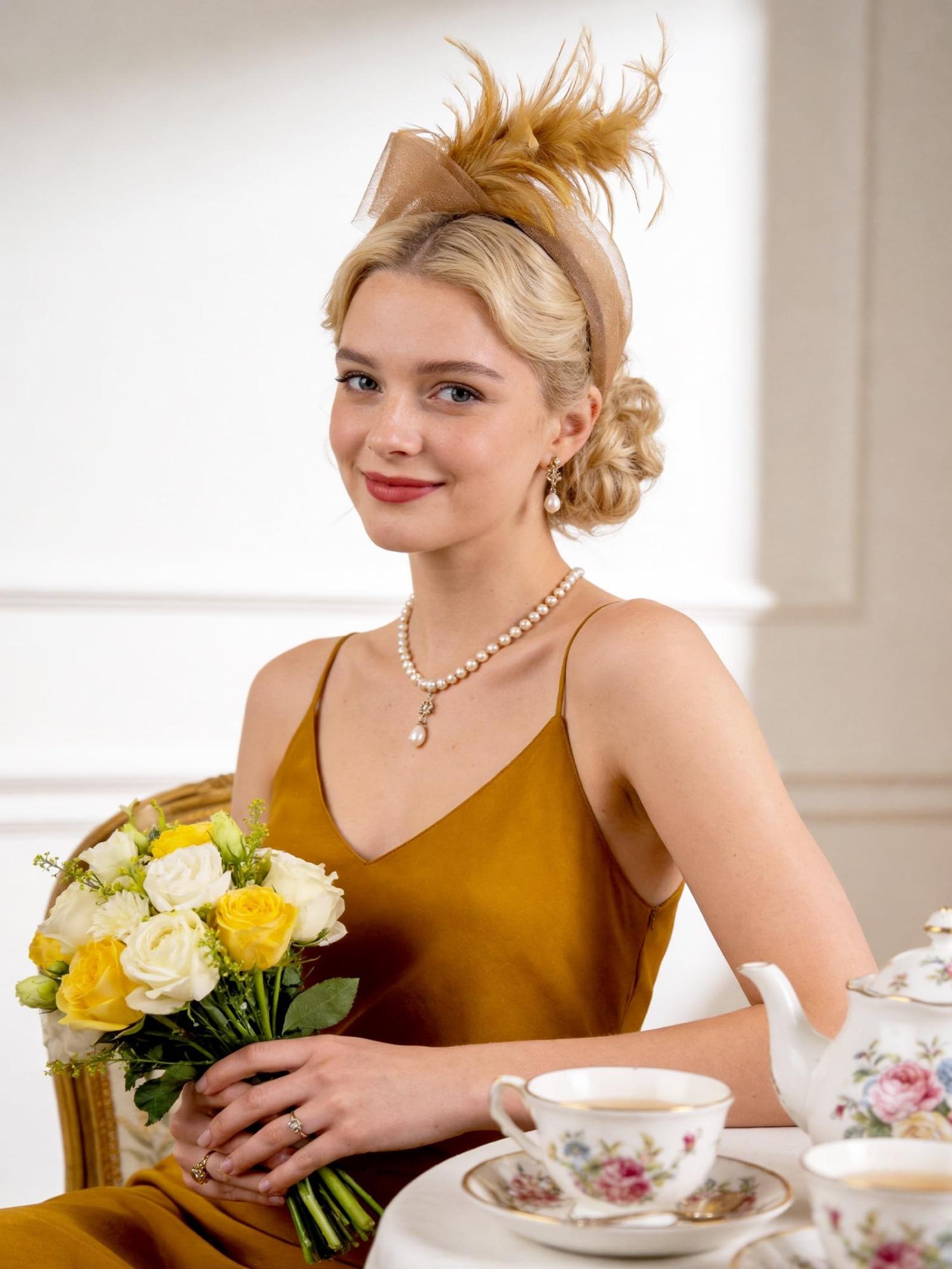 Feather Fascinators Headband Women's Tea Party Hat for Kentucky Derby, Cocktail, Wedding, Fancy Dress Party for Evening Wear and Special Occasion Vintage Looks Brooch Sweet and Cute Women's Hair Accessories ﻿