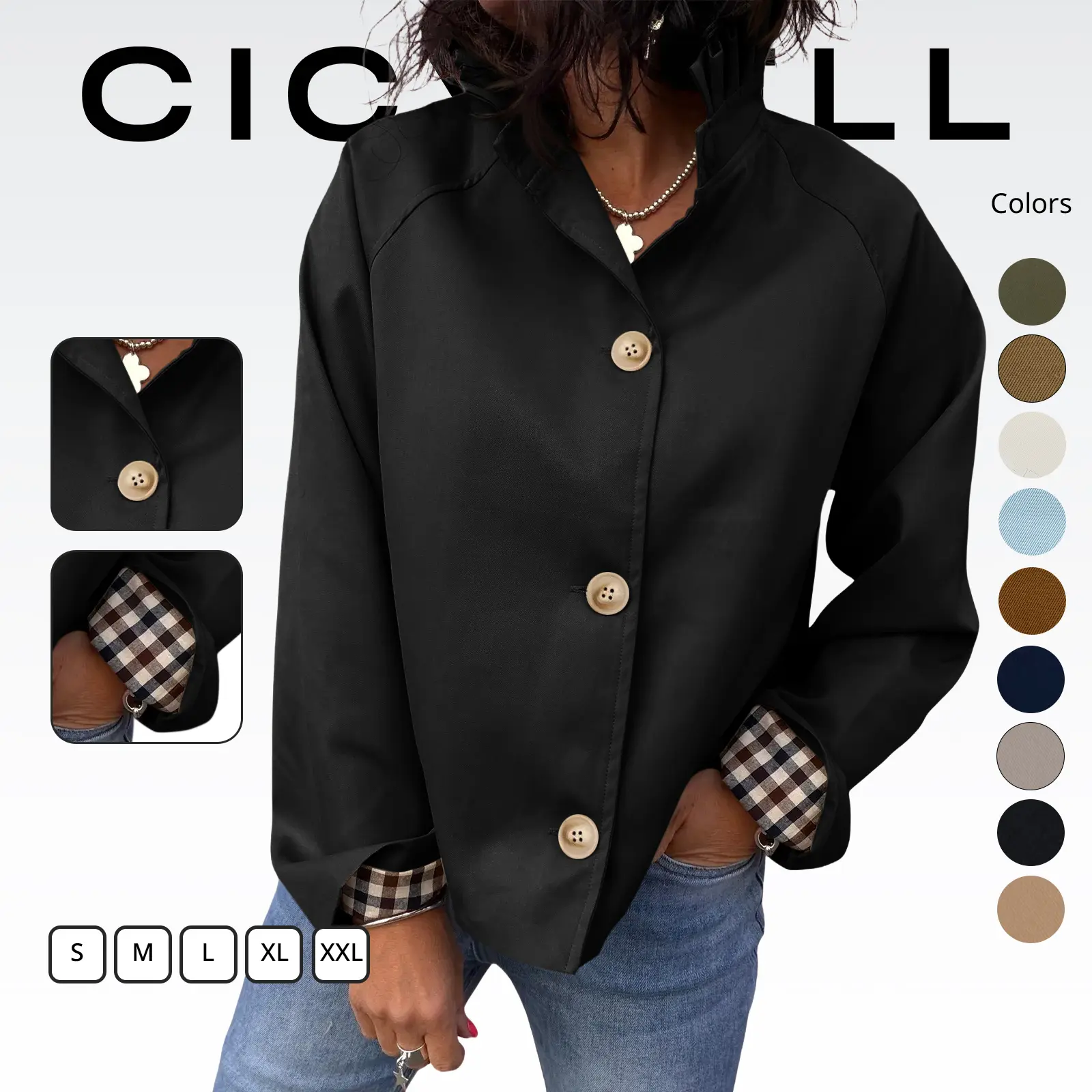Cicy Bell Womens Cropped Short Trench Coat Single Breasted Ruffle Stand Collar Jackets Fall Lightweight Outerwear