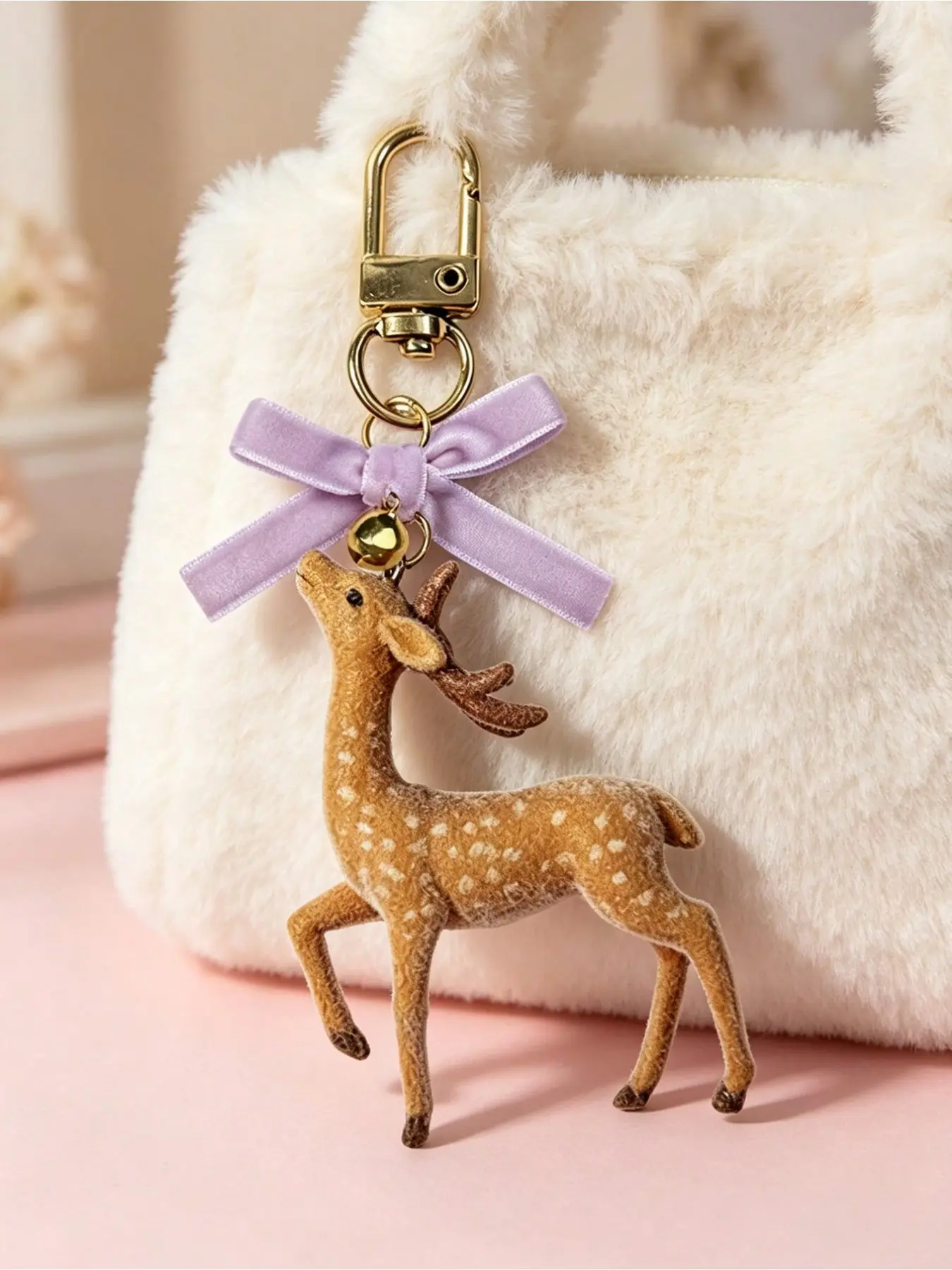 Flocked animal keychain, velvet bow bell little deer bag charm, safe travels vibe Y2K retro car keychain gift, flocked sika deer pendant with velvet bow bell