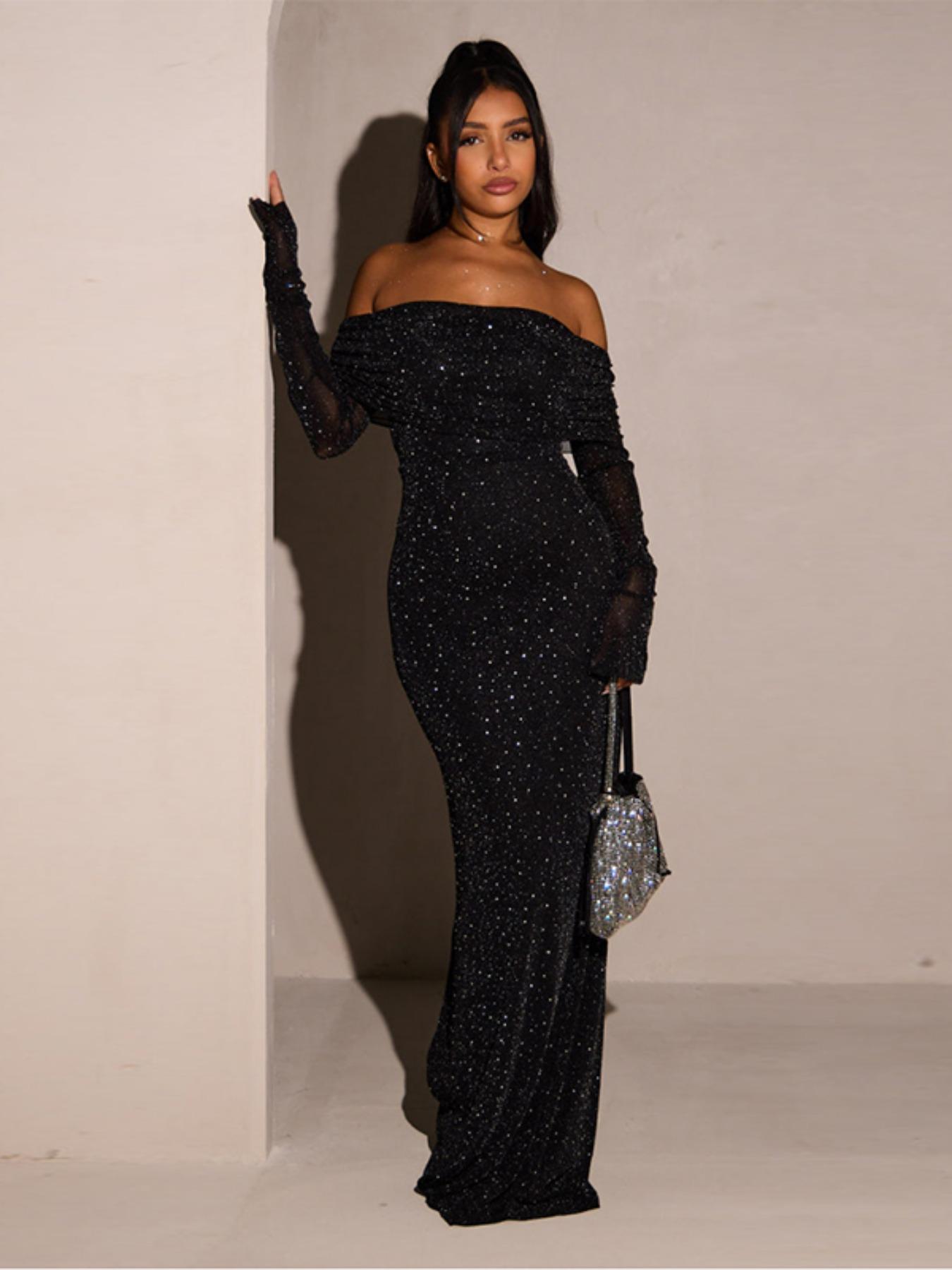 Women's Contrast Sequin Ruched Off Shoulder Mermaid Dress, Elegant Classy Long Sleeve Slim Maxi Dress for Party Evening Formal Occasions, Ladies' Clothes for All Seasons