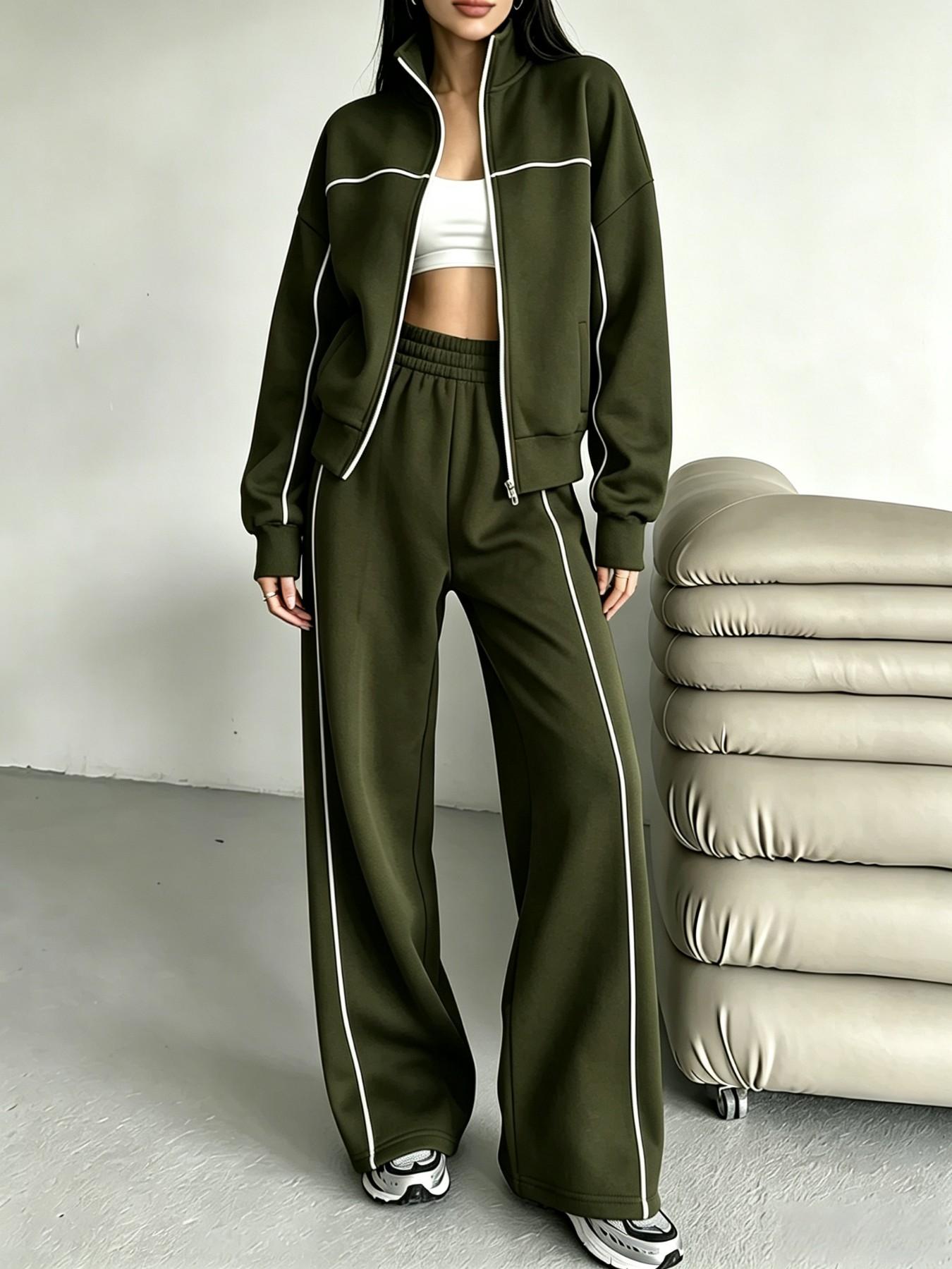 Women's Two-Piece Set, Fall Winter, Long Sleeve Zipper Stand Collar Sweatshirt, Mid-Waist Pants, Casual Office Wear, Multiple Colors Available, Clothes