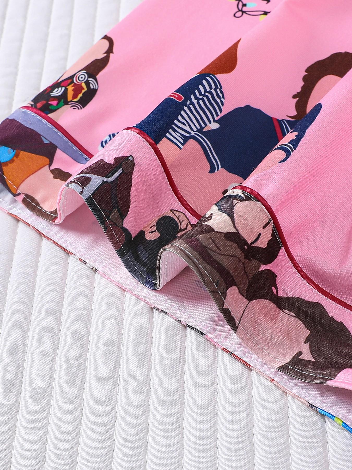 Stranger Things Cartoon All-Over Print 2-Piece Pajama Set for Women, Pink Girly Style Lapel Short Sleeve Top with Pocket & Elastic Waist Shorts, Soft Comfortable All-Season Casual Daily Loungewear Sleepwear