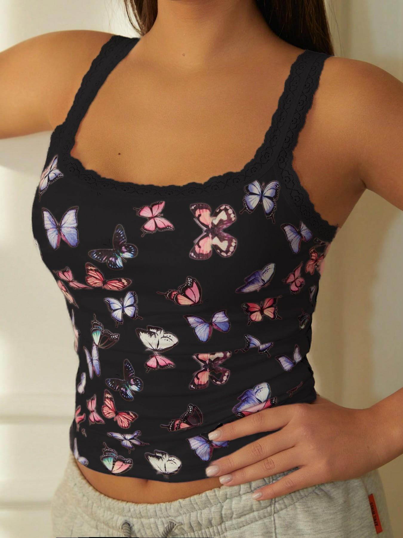 Butterfly Print Ribbed Slim-Fit Cami Top, Lace Trim Square Neck Cropped Tank, Stretchy Skin-Friendly Layering Shirt for Daily Wear & Loungewear