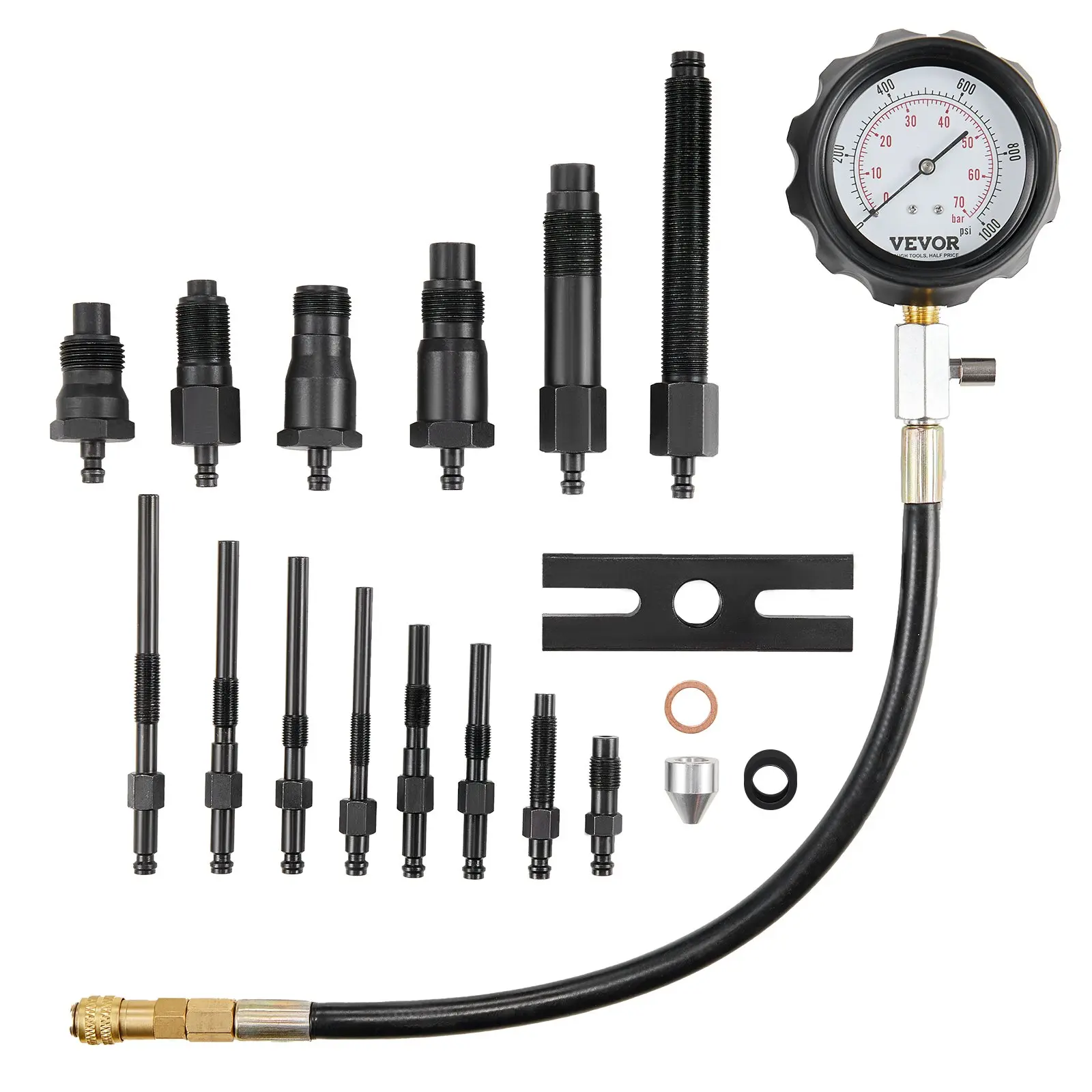 VEVOR Diesel Engine Compression Tester, 18 pcs Cylinder Pressure Test Tool Kit, with 0-1000 psi Gauge and Adapters, Diesel Injector Tester Check Cylinders in Diesel Trucks, Tractors, Equipment, 0-1000Psi Gauge, Adapters Set