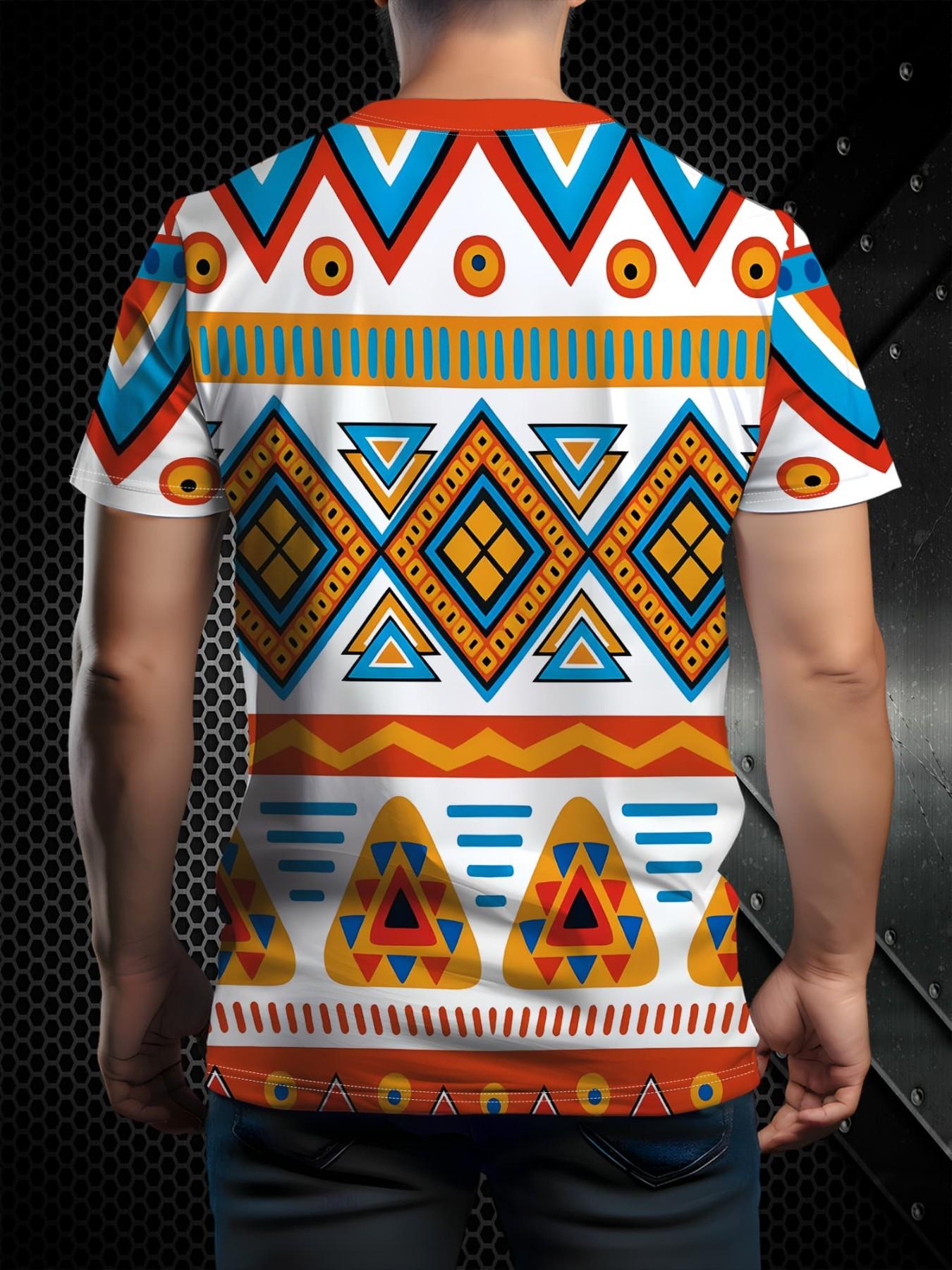 Unisex Middle Eastern Multi-Color Patchwork Print Short Sleeve T-Shirt, Summer Fashion Quick-Dry Casual Top, Ideal for Daily Wear & Outdoor Activities