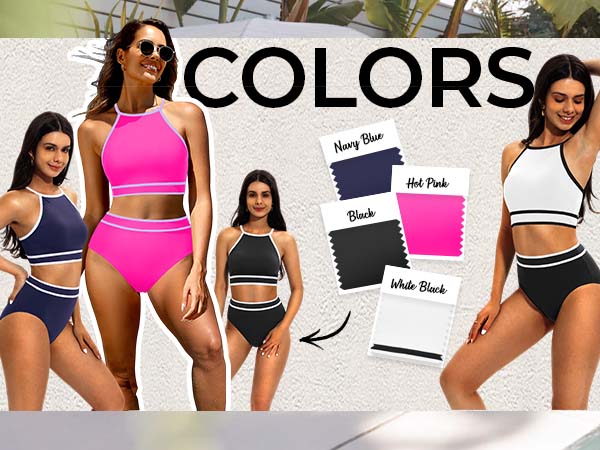 Tempt Me Women High Waisted Bikini Two Piece Swimsuit Sporty Bikini Sets Color Block Swimsuits High Neck Bathing Suit with Full Coverage Bikini Bottom Racerback Swim Crop Top with Tummy Control Bottom