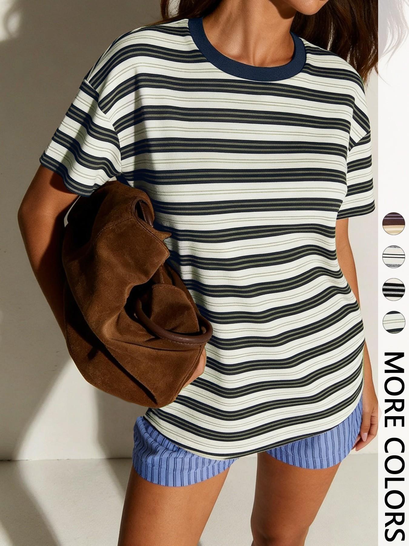 Striped Oversized Round Neck Short Summer Tee with Contrast Neckline, Effortlessly Cool Casual Chic Everyday Top Fit Striped Oversized Round Neck Short Summer Tee with Contrast Neckline, Effortlessly Cool Casual Chic Everyday Top Fit
