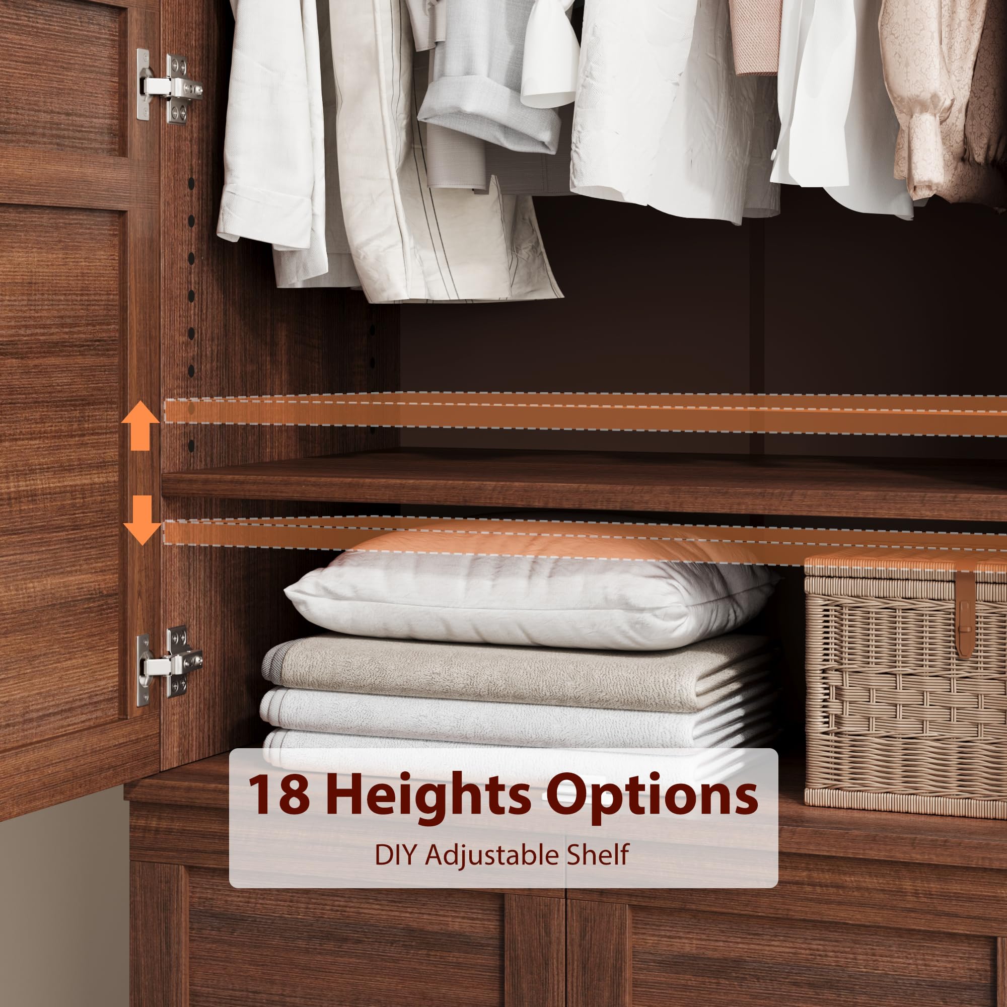 Armoire Wardrobe Closet with 4 Doors,72" Wooden Wardrobe Cabinet with Hanging Rod, Freestanding Tall Clothing Armoire Cabinet with 18 Adjustable Shelves for Bedroom, Clothes, Rustic White