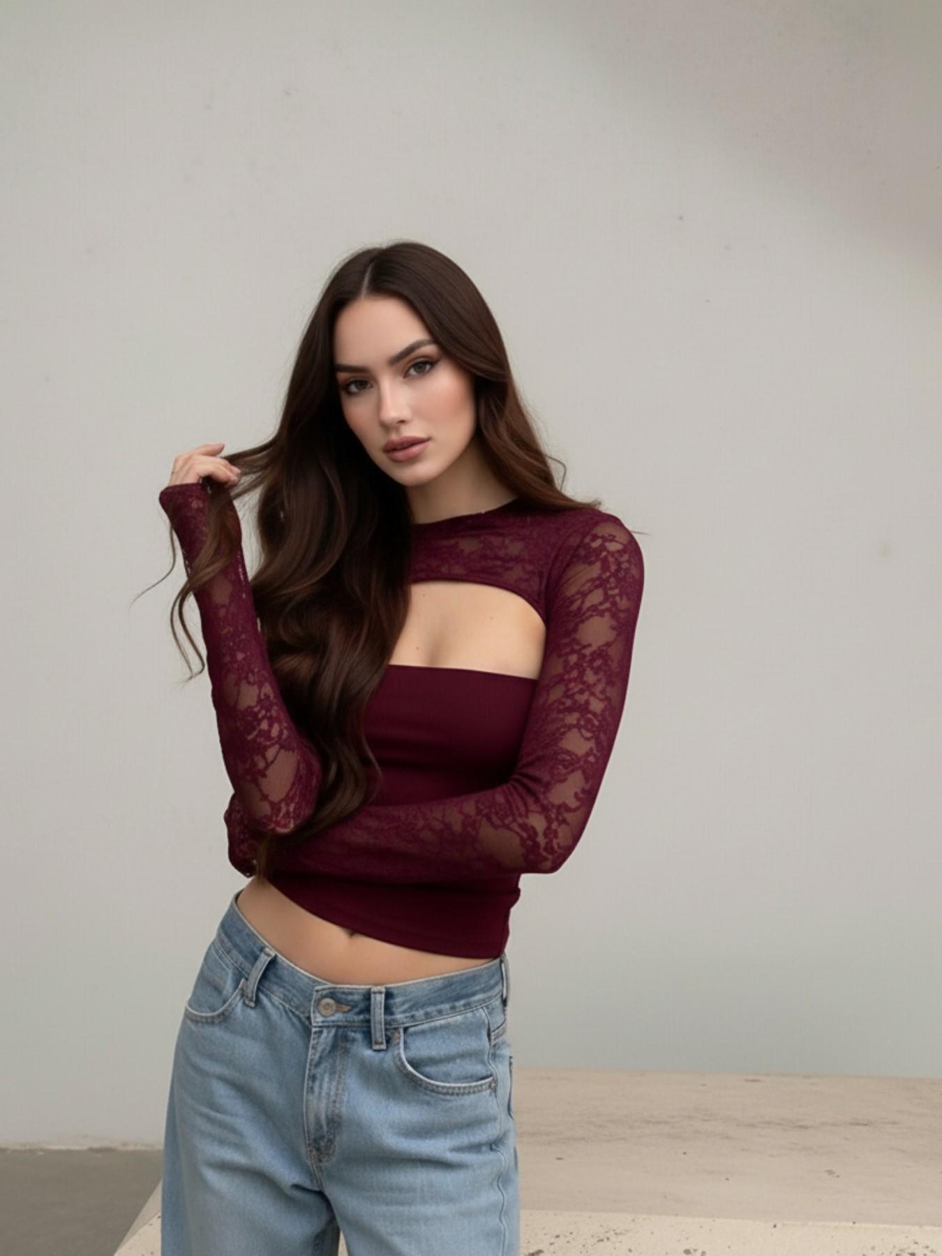 Elegant Lace Hollow Out Flare Sleeve Top, Vintage Slim-Fit Style that Shows an Elegant Look, Perfect for Any Occasion Blouse