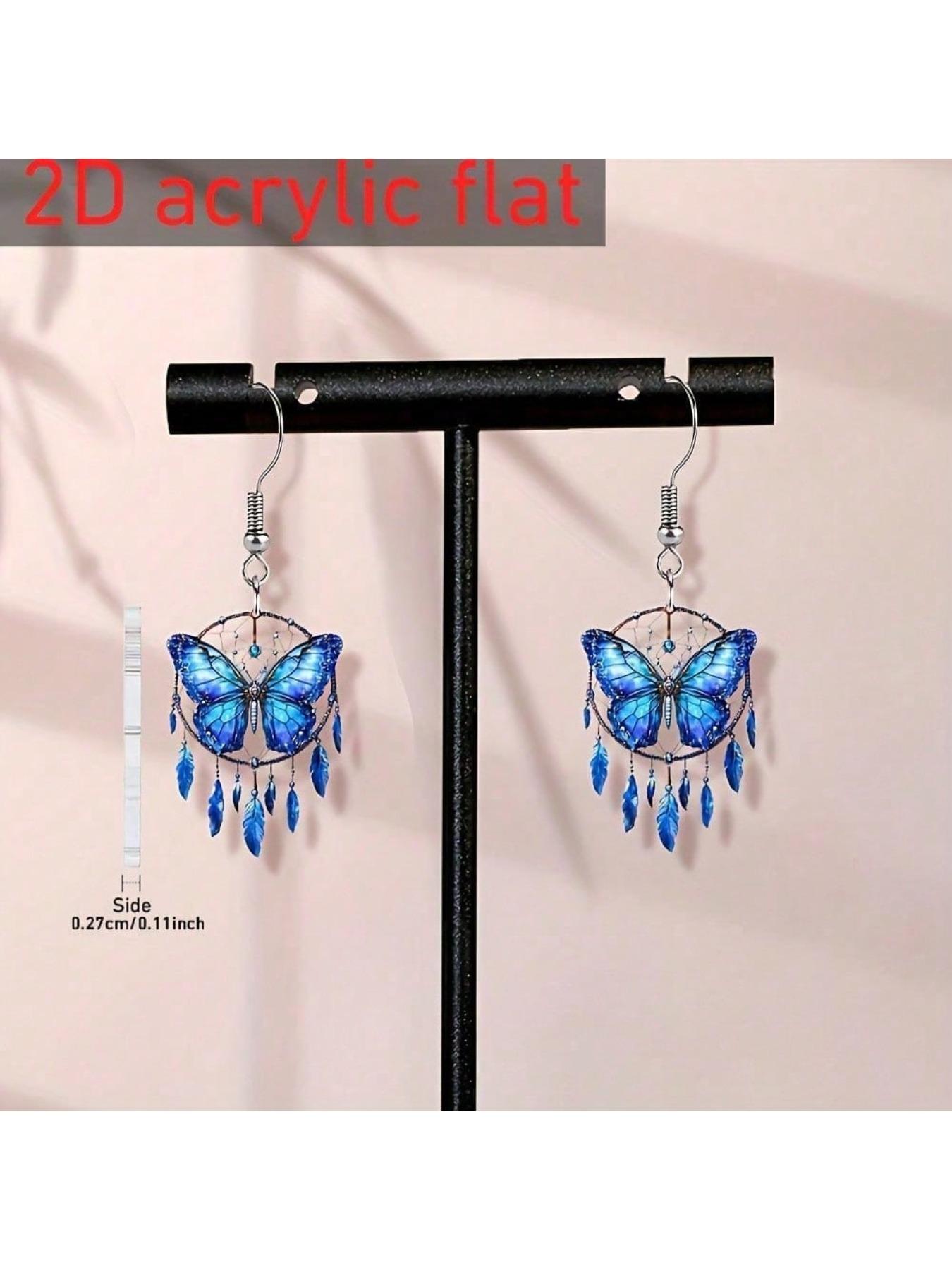 a pair of Bohemian style blue butterfly dream catcher earrings - acrylic double-sided printing, lightweight and suitable for casual dressing/parties, perfect gift for lovers, exquisite party butterfly pattern accessories, Mother's Day gift