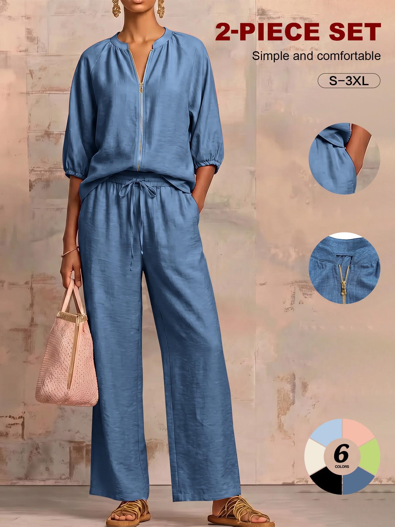 Minimalist Textured Matching Suit, Front Zip Blouse, Loose-Fit Casual for All Seasons, Adult Women's Clothing Set，loungewear set ，Vintage Casual Co-ord Outfit, Soft comfy fabric, skin-friendly, Casual Lounge Sets