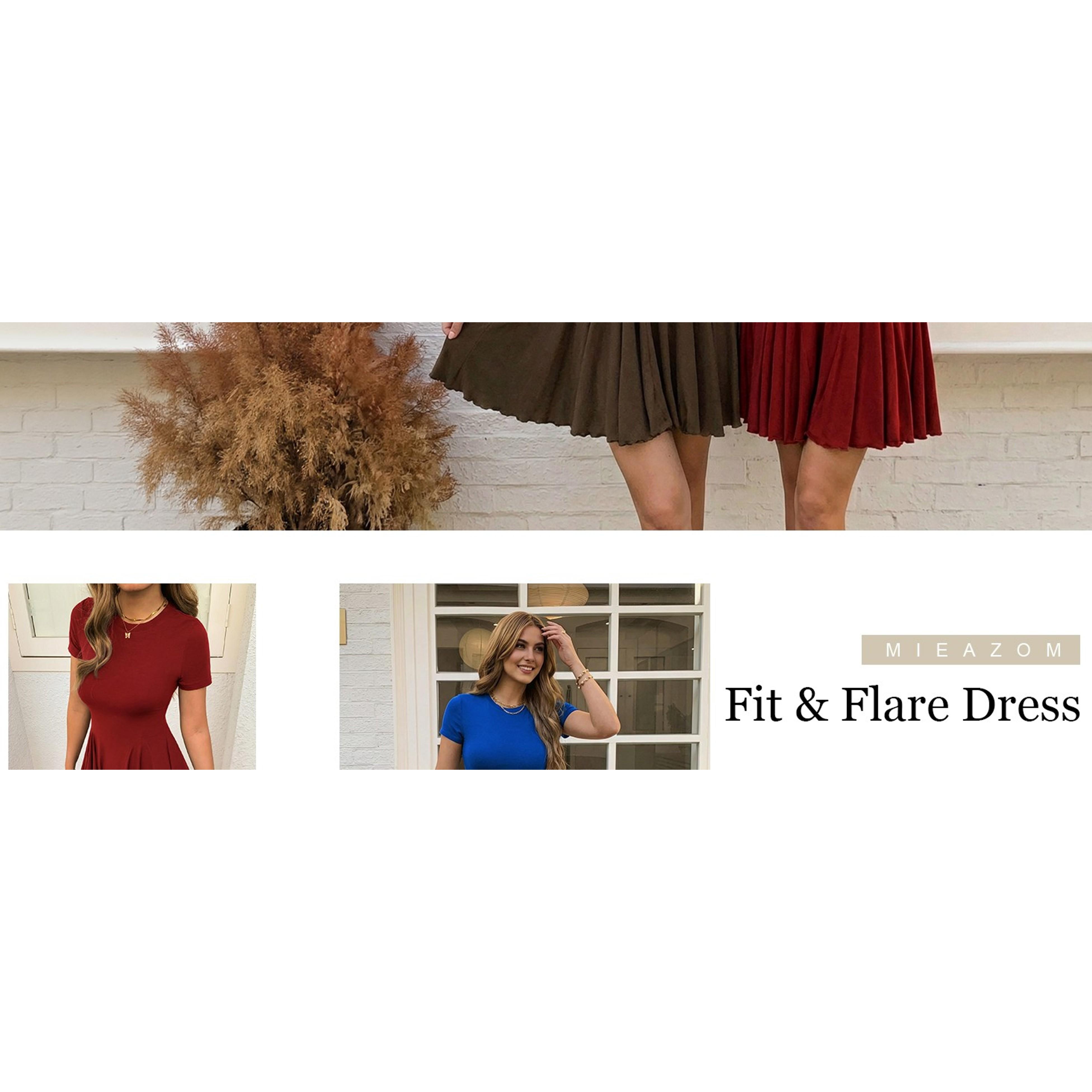 Womens Summer Fit and Flare Swing Flowy Mini Dress Casual A Line Crewneck Pleated T Shirt Skater Dress Beach Sundress