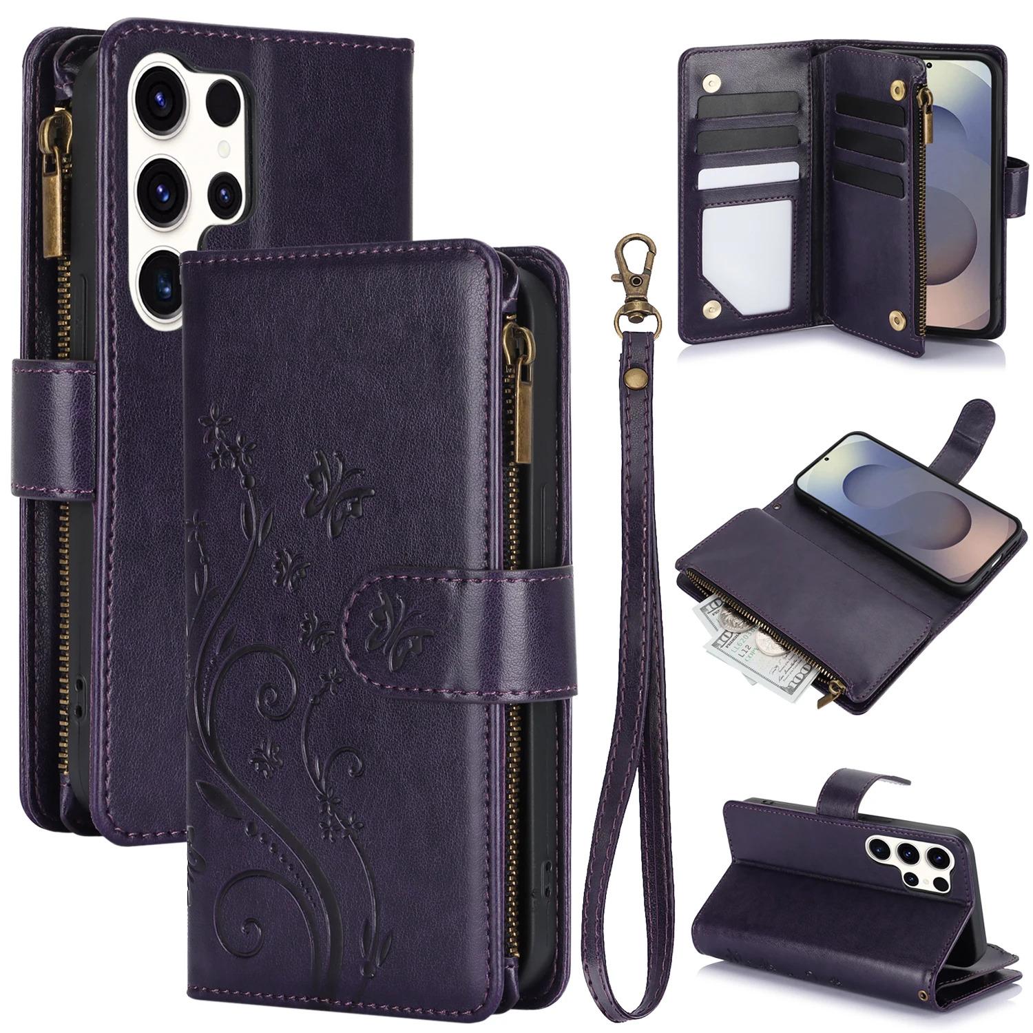 Zipper Cards Solt Wallet Leather Emboss Butterfly Tree Bag Case For Samsung Galaxy S26 S25 Ultra S25 Plus S24 S23 A26 A36 A56 Cover