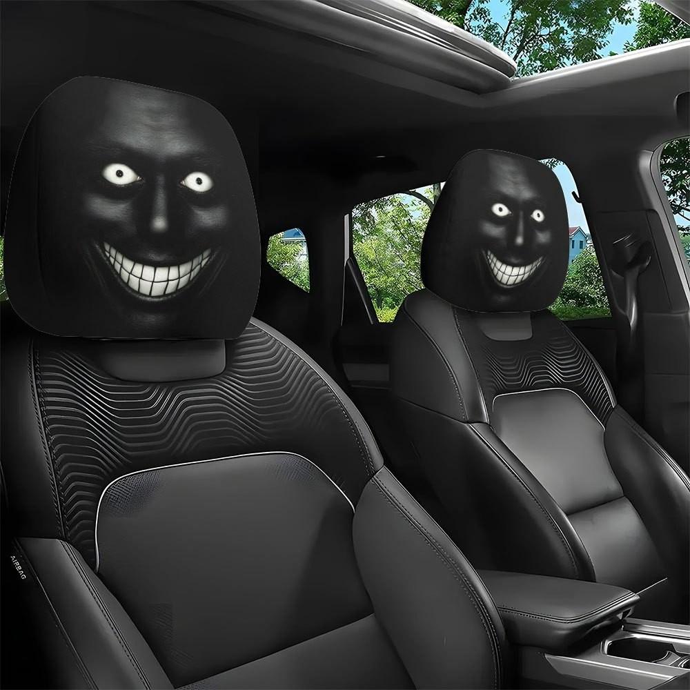 2pcs Dark Style Evil Smiley Car Headrest Covers, Universal Fit, Washable & Durable, Easy Install for Long-Distance Travel