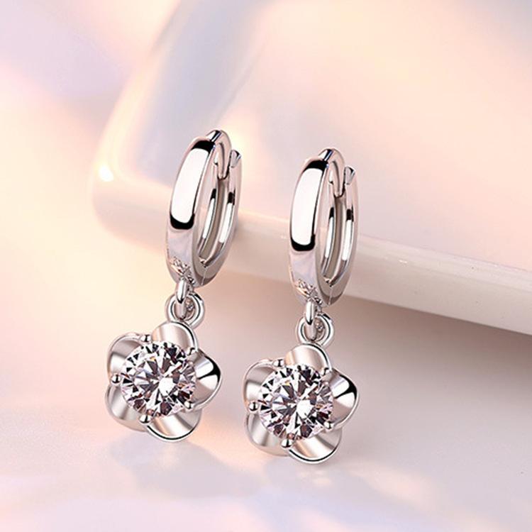 Silver Tone Purple CZ Flower Drop Earrings, Huggie Hoop Earrings with Floral Charm, Elegant Daily Jewelry for Women