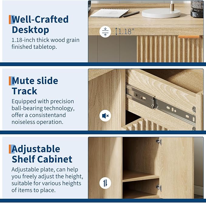 60" Executive Desk with Storage, Modern Home Office Desk with Drawer & Cabinet, Wood Fluted Computer Desks Workstation Writing Conference Table for Study, Living Room, Bedroom