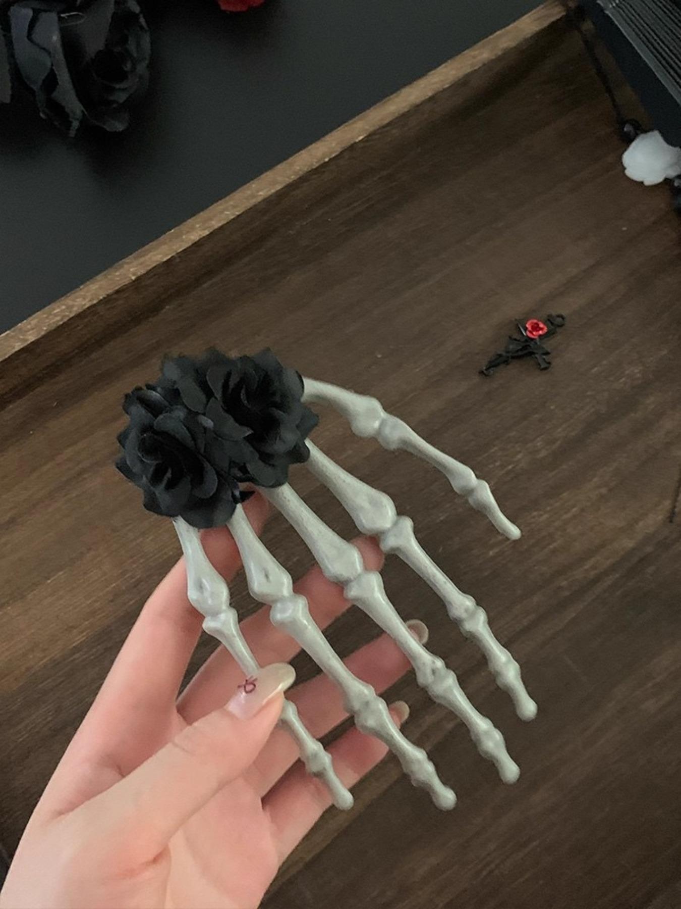 Halloween Skull Hand Claw Hair Clip, Gothic Style Party Accessory, Unique Dark Rose Hair Clip, All-Season Fashion Trend