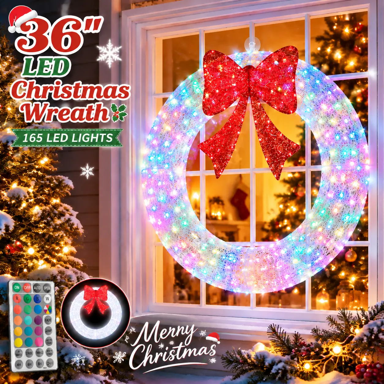 36" Lighted Christmas Wreath with Red Bow, 165 LED Christmas Lights for Window & Door Decoration, Outdoor Xmas Hanging Decor, Festive Holiday Home Decoration with Multiple Colors and Lighting Modes ornament