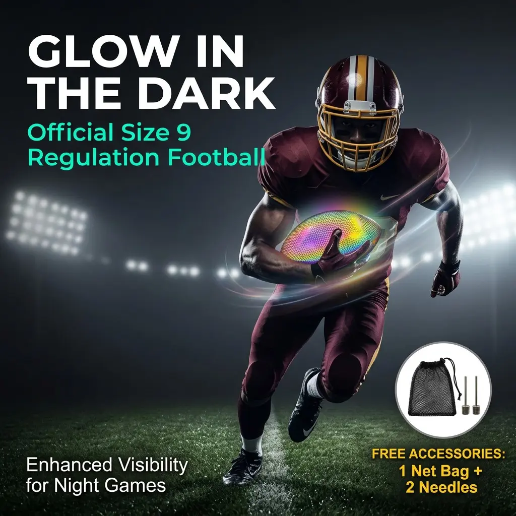 Official Size 9 Football Fluorescent Glow in Dark Regulation Game Ball for Youth Teen Adult Practice Training Game Day Outdoor Backyard Durable Rubber Gift for Boys