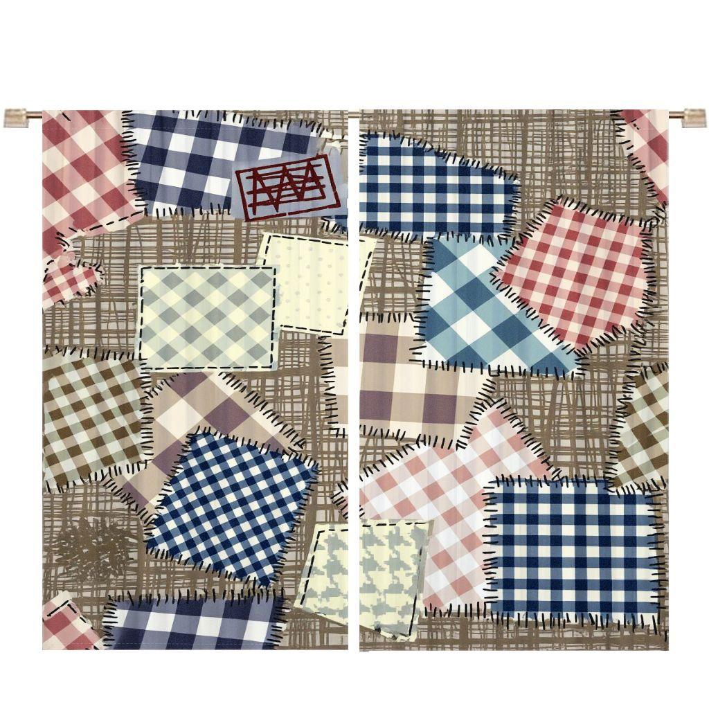 2D Flat Rustic Patchwork Checkered Curtain 2-Piece Set, Blue/Red/Brown/White Grid Patterns with Handmade Stitching, Light Yellow Subtle Gray Design Decor, Traditional Quilting Style Window Drapes for Living Room Bedroom