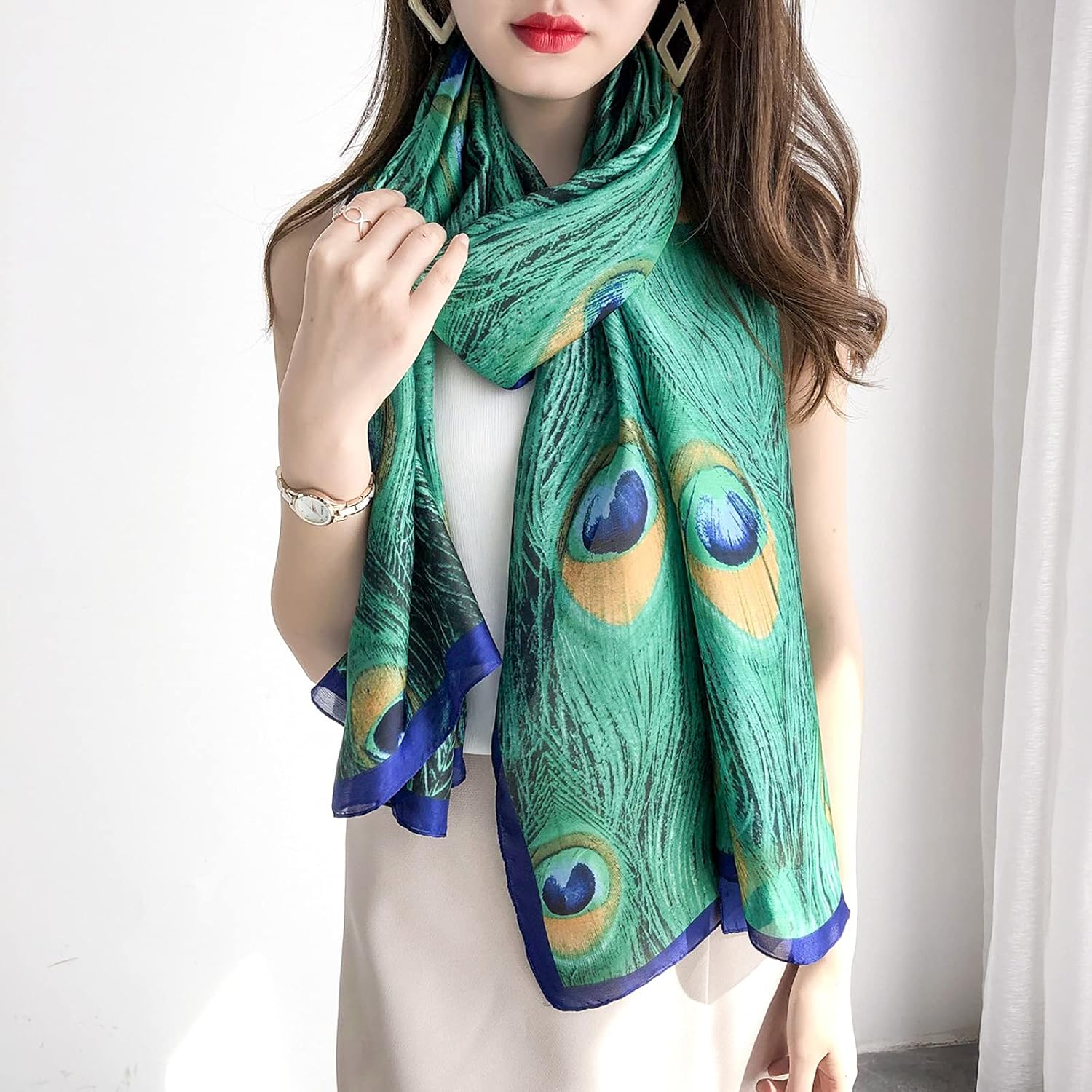 Women Silk Scarf Long Large Peacock  Print Wrap Shawl Scarves Headscarf