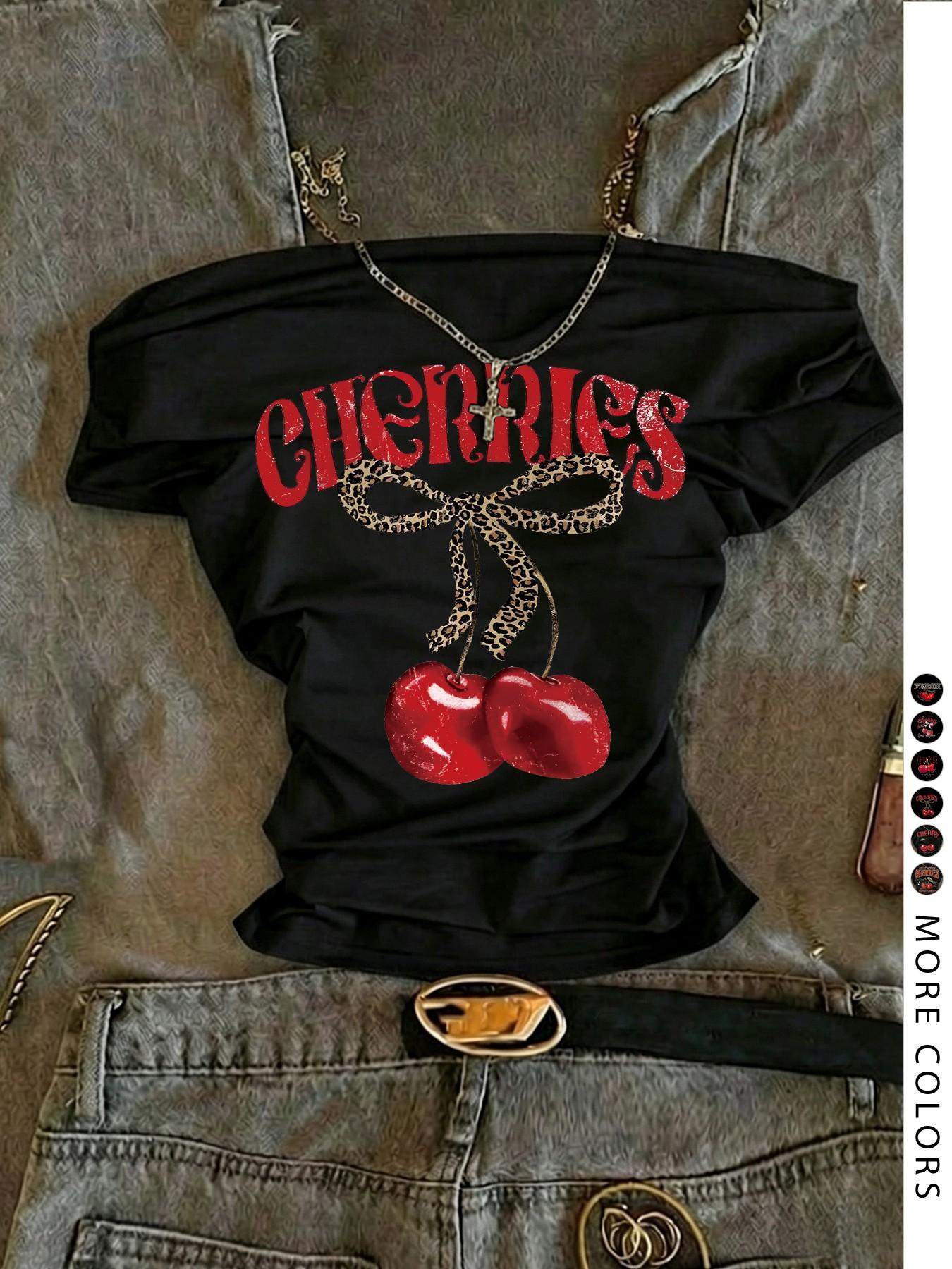 Women's One-Shoulder Cherry Pattern Slim Fit Short Sleeve T-Shirt, Summer Y2K Retro Style, Cute & Sexy Music Festival Top, Fashion