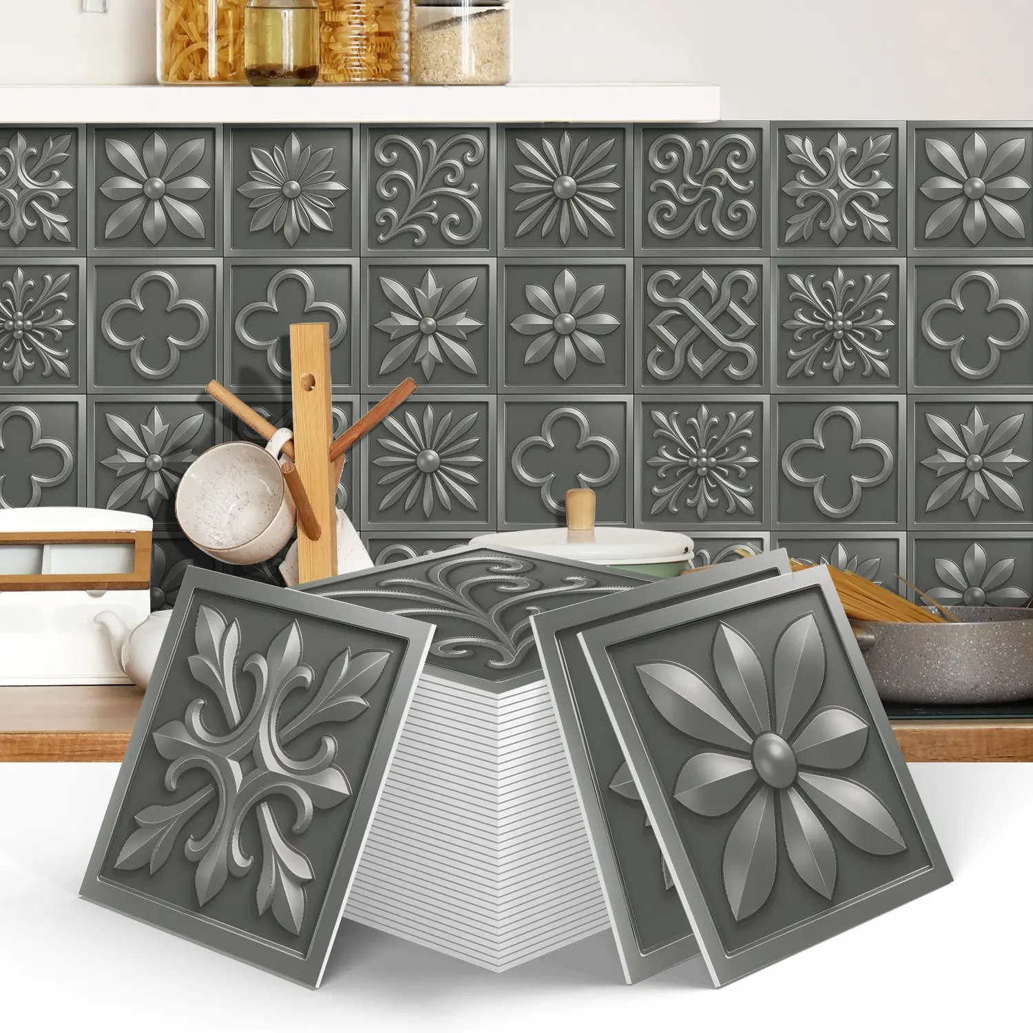 12/24PCS ART PE Crystal Tile Stickers Gift Box, Vintage European Floral Embossed Tiles. Peel and stick backsplash, DIY waterproof & oilproof, suitable for kitchen, bathroom, floor, tile and wood surfaces home decor.