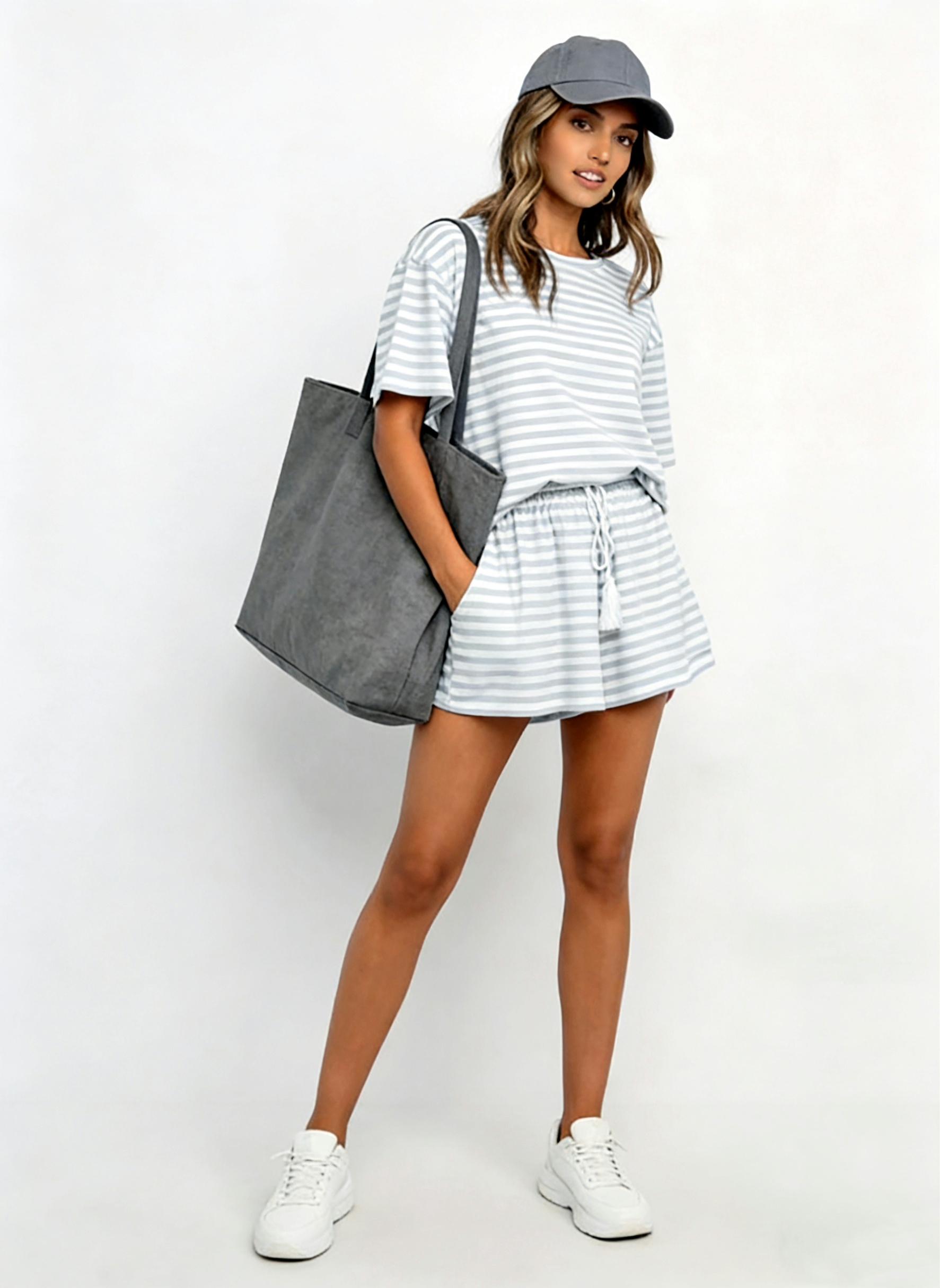 Women's Striped Knit Short Set, Casual Matching Set, Casual Loose Fit Summer, Round Neck & Drawstring Design, Perfect for Daily Wear, Casual Loungewear Set, Casual Shorts Set