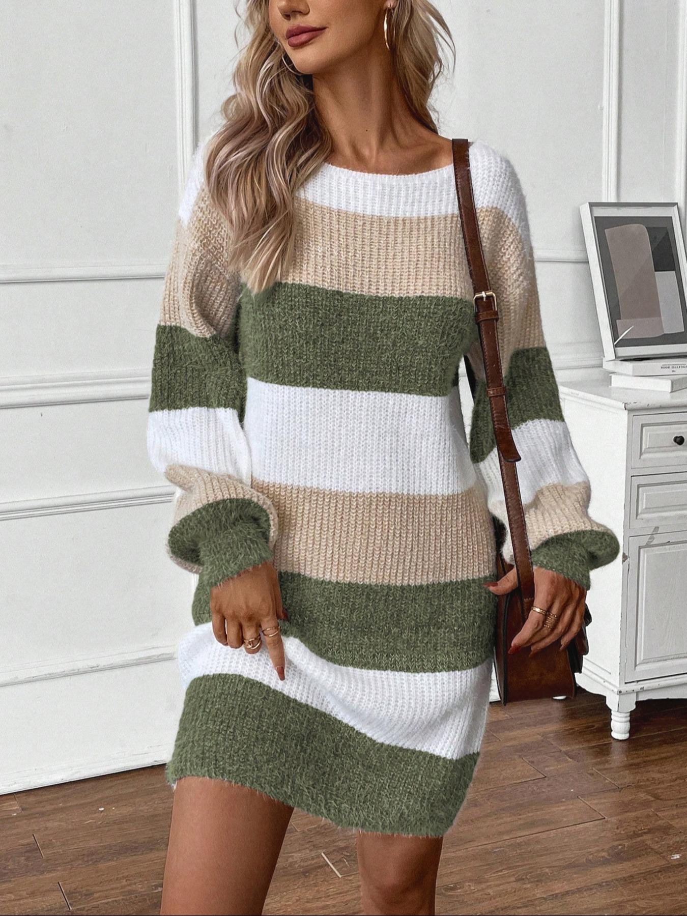 Women's Colorblock Striped Sweater Dress, Elegant Fashion Style, Perfect for Fall & Winter, Daily Wear, Parties, Dates