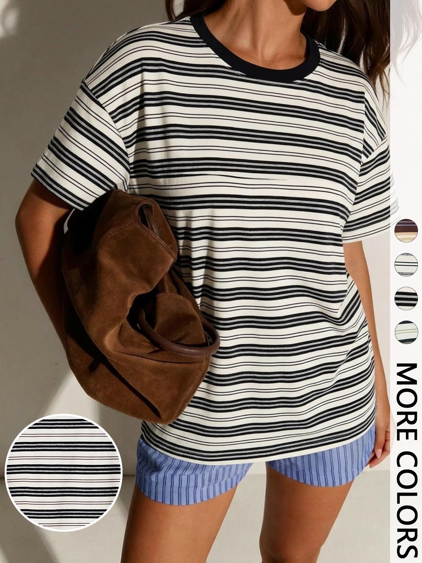 Striped Oversized Round Neck Short Summer Tee with Contrast Neckline, Effortlessly Cool Casual Chic Everyday Top Fit Striped Oversized Round Neck Short Summer Tee with Contrast Neckline, Effortlessly Cool Casual Chic Everyday Top Fit