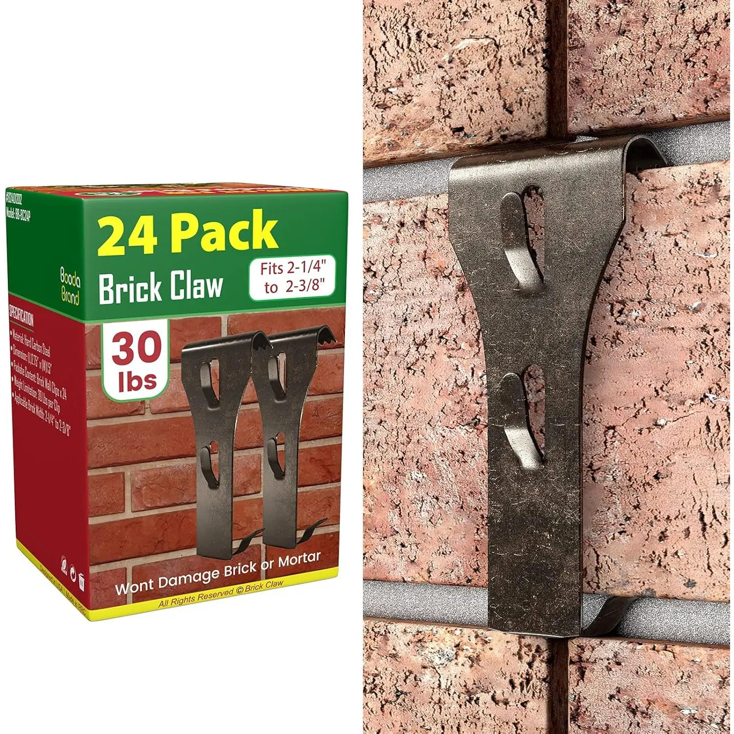 24 Pieces Heavy-Steel Rust-Proof Brick Hook Clips, No-Drilling Hangers for Hanging Decor, Fits 2-1/4" to 2-3/8" Height Standard Bricks, 30 lbs Max Load, Indoor & Outdoor Use