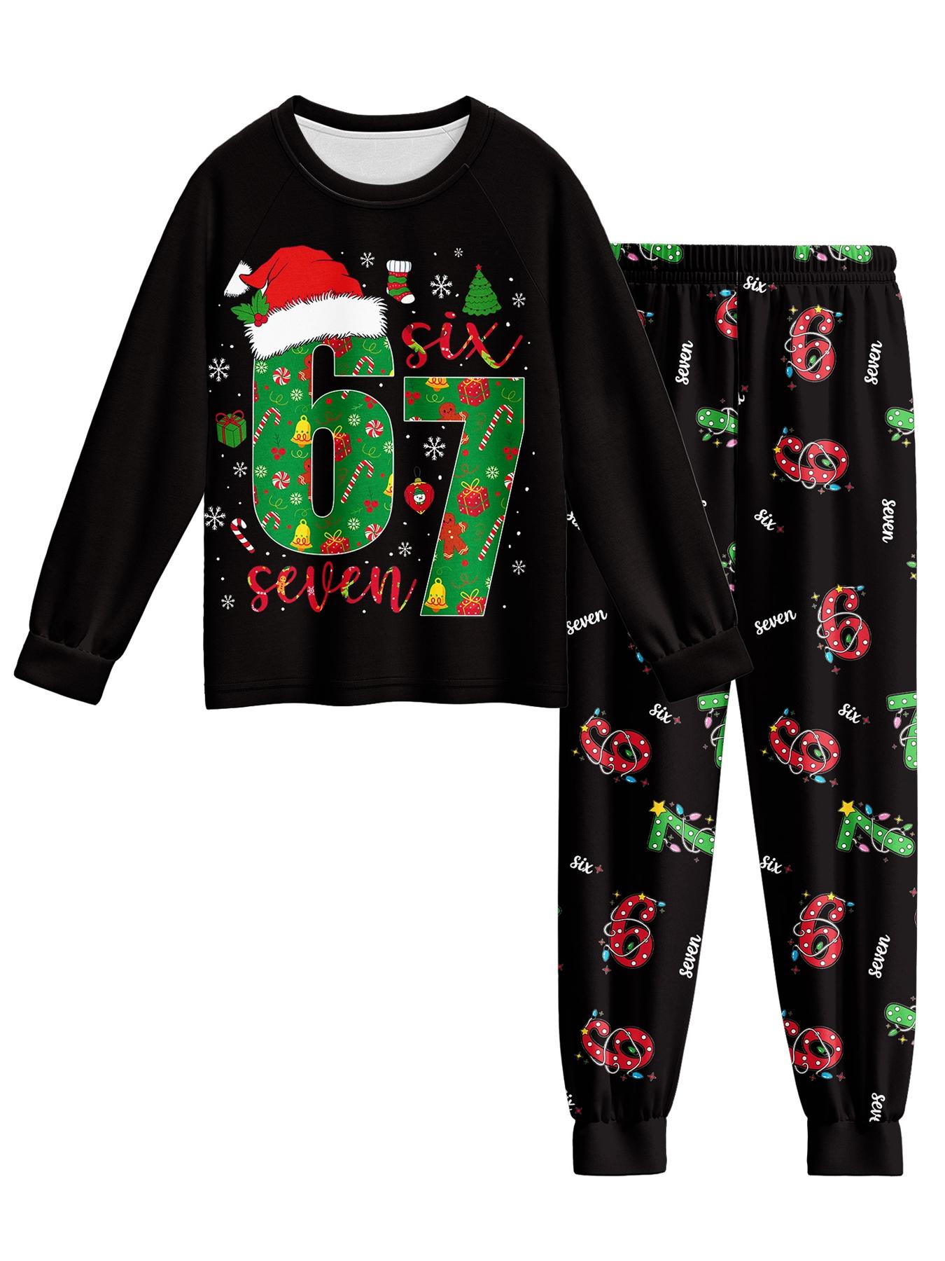 #67 Funny Kids Sleepwear Set Pajamas Christmas, Six Seven  Theme Fashion Print, Comfortable Soft Fabric, Holiday Gift Essential, Cartoon Print Pajama