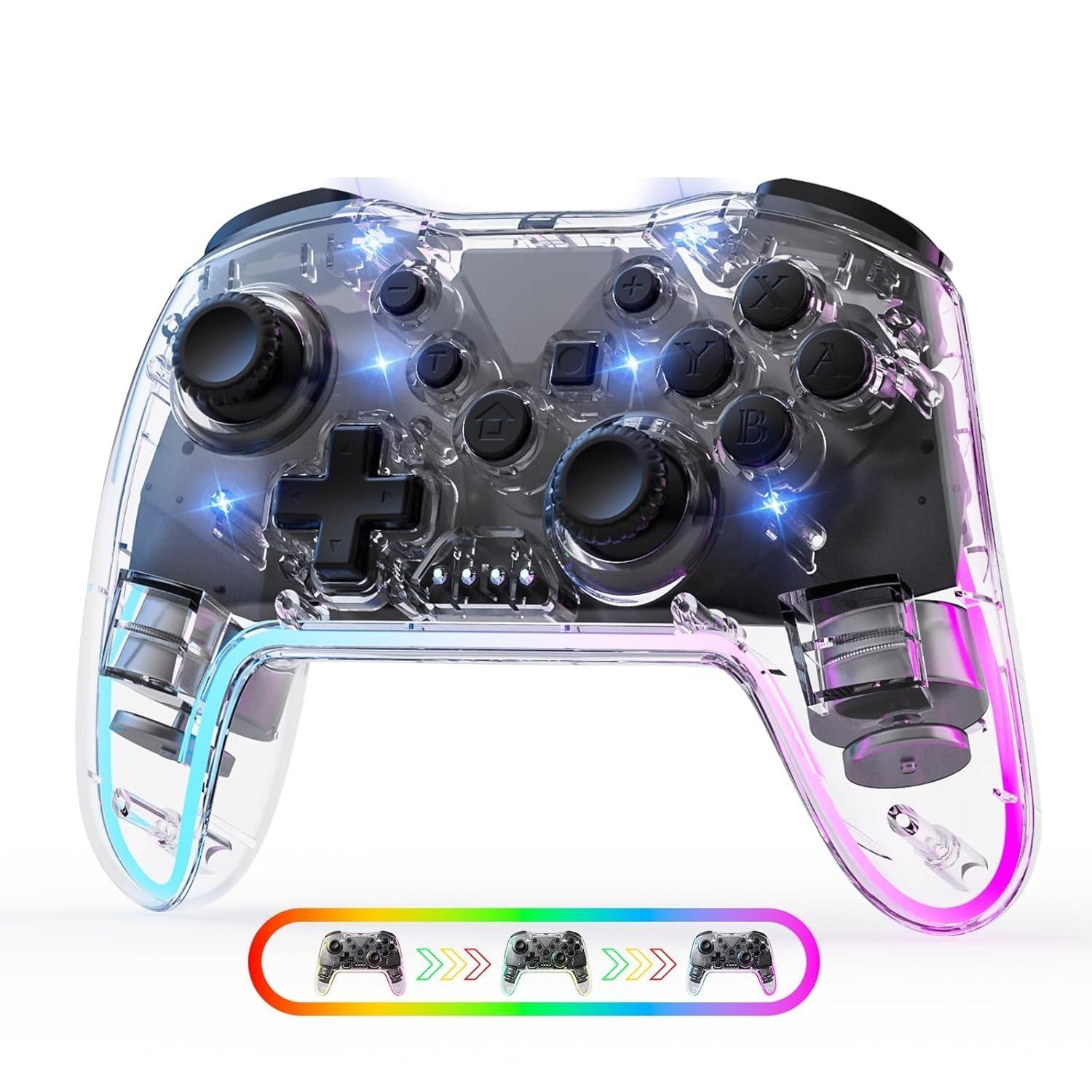 Wireless Game Controller for Switch Lite Oled PC Android iOS, Rechargeable Gaming Joystick with 7 Color RGB Lights and 3D Analog Stick, Universal Controller