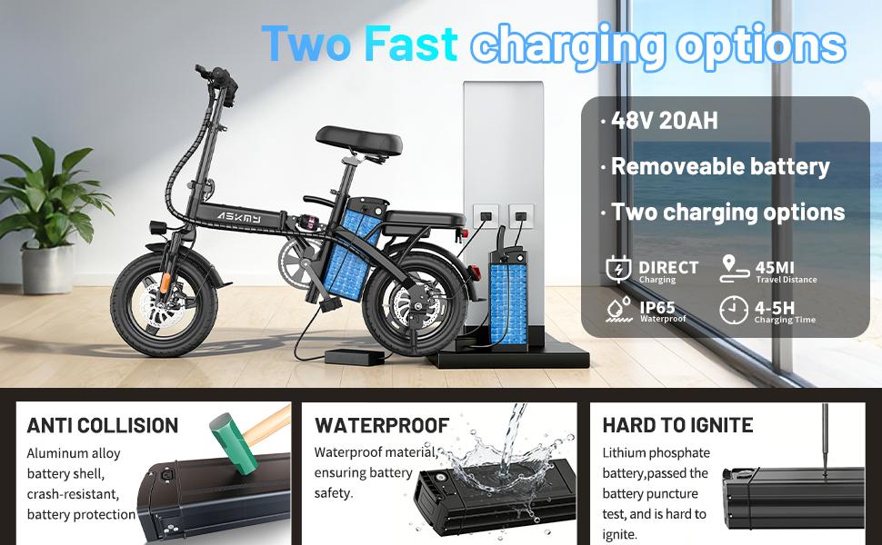 ASKMY E14 Folding Electric Bike 1000W Peak Motor, Up to 45 Miles Range | 14" Tubeless Tires, Dual Disc Brakes | UL Certified, Puncture-Tested Battery, 12-Month Warranty, Lightweight Design ，，5