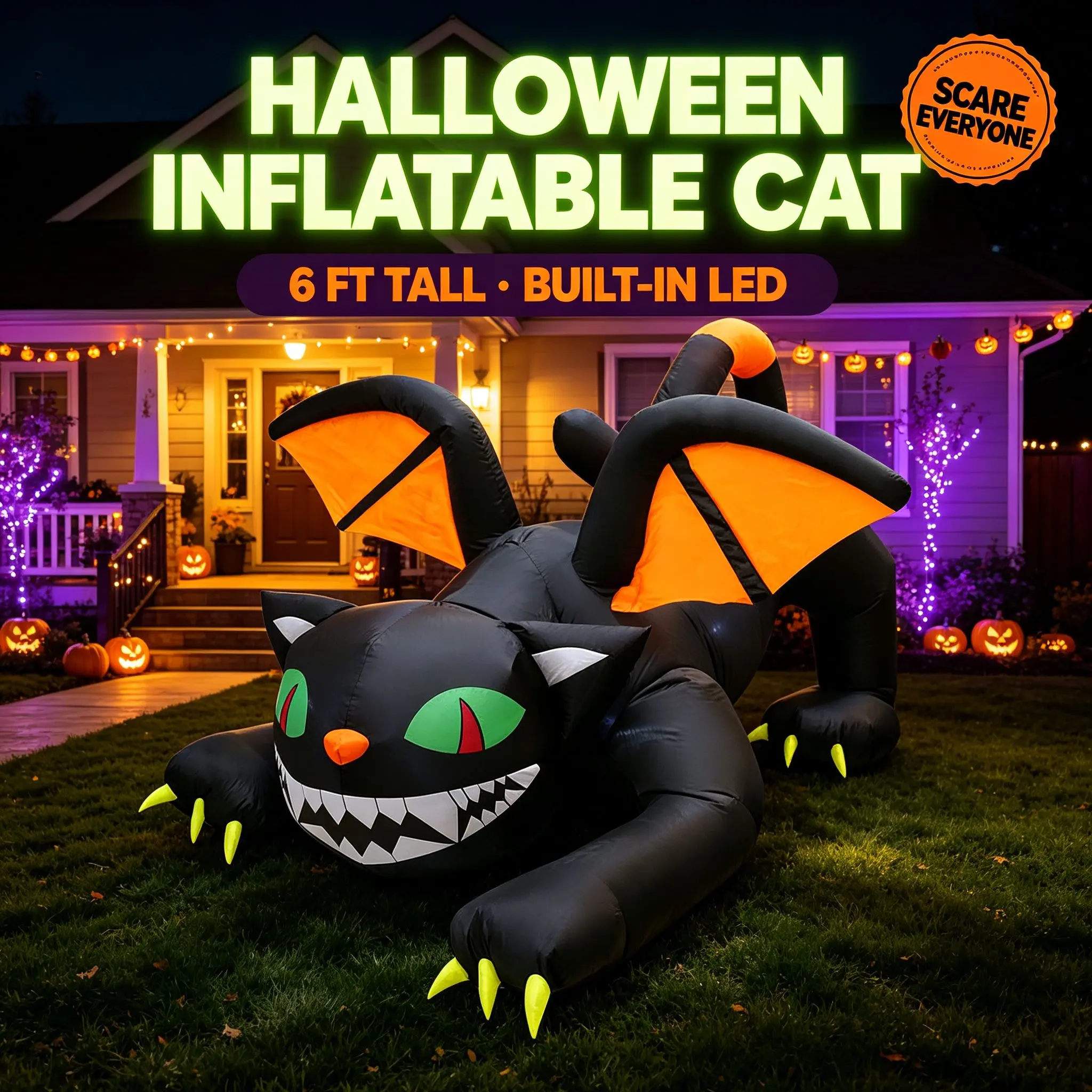 6FT Inflatable Black Cat Halloween Decor with LED Lights, Outdoor Blow-Up Ornament with Blower, Anchoring Accessories for Yard Garden Holiday Party