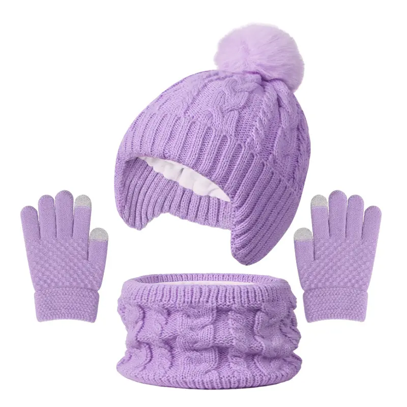 Unisex 2026 Autumn Winter New 3-Piece Kids Thermal Warm Hat-Scarf-Gloves Set, Pom Pom Top, Outdoor Play Cold Weather Sports Accessory Set for Babies & Toddlers