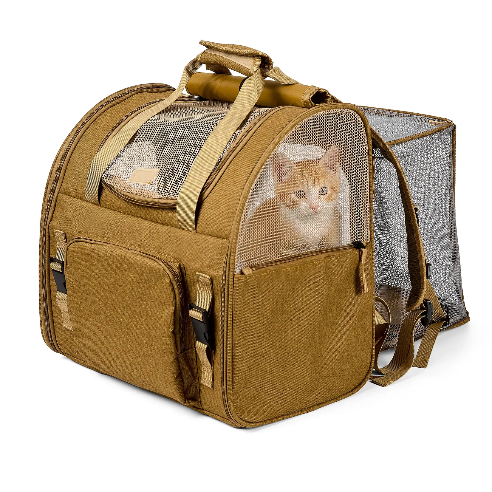 Cat Carrier Backpack for Small Dogs & Medium Cats, Expandable Breathable Mesh Pet Backpack with Sun Shade, Foldable Travel Bag for Hiking, Camping & Vet Visits