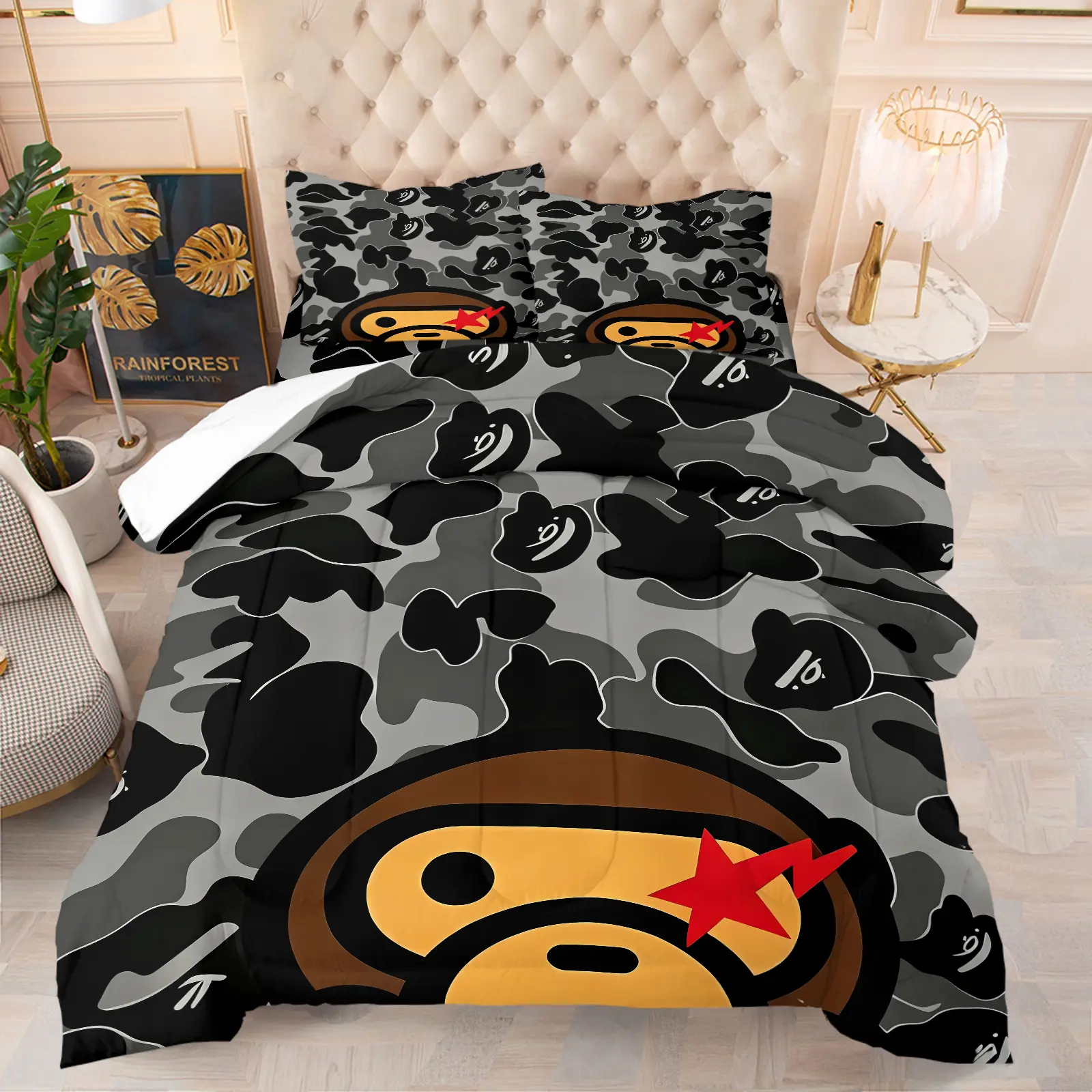 3 Pieces Streetwear Camo Cartoon Print Quilted Comforter Set, 1 Quilt + 2 Pillowcases, Black Grey Camouflage Quilted Bedspread Set, Lightweight Soft Bedding Set All Size, Printed Bedding Set, Cool Street Style Bedroom Decor, Hip Hop Fans Gift