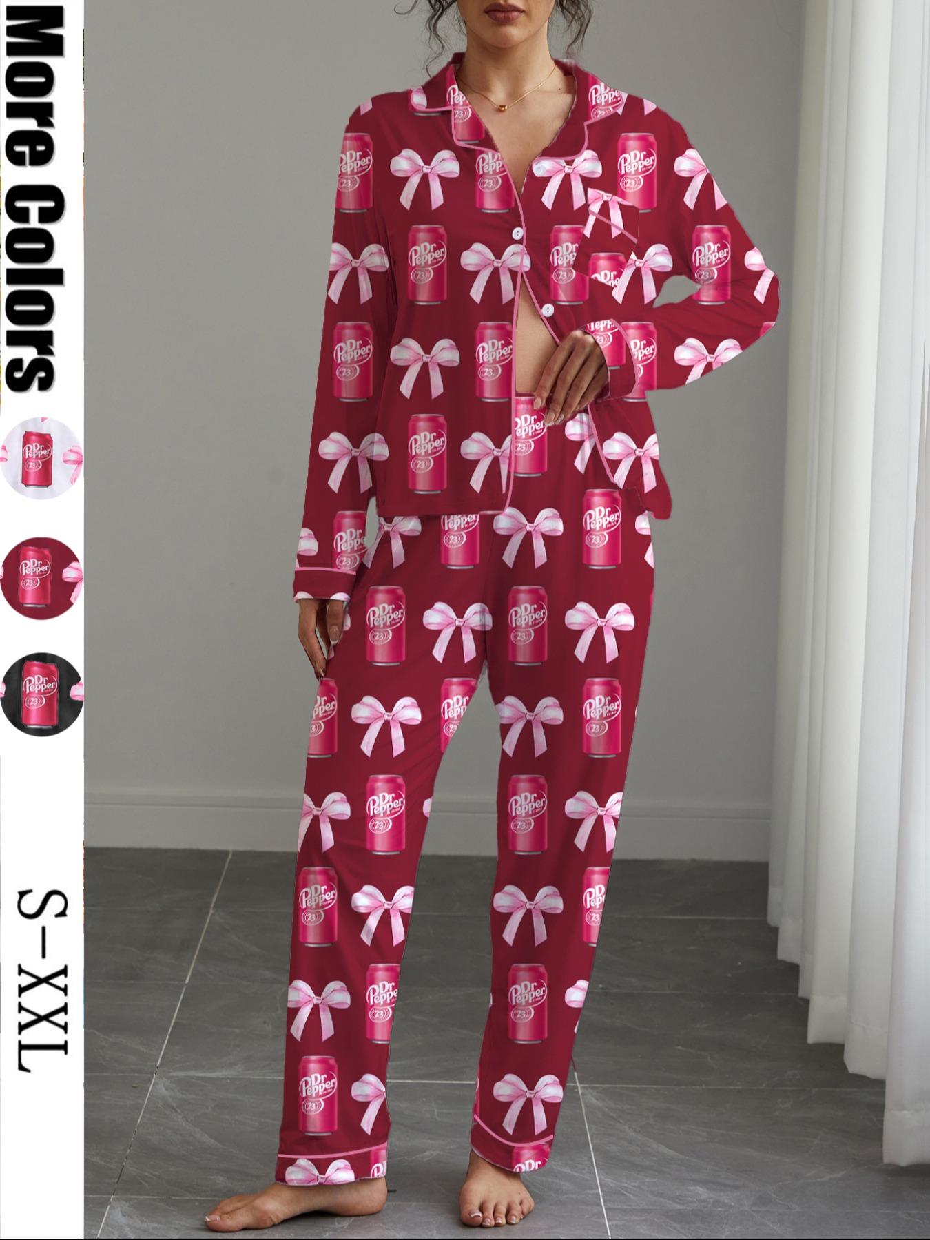 Dr Pepper,Women's Fall Winter Home Set, Soda Pattern Printed Sleepwear, Shirt Collar Button Long Sleeve Top and Loose Elastic Pants, Pajama Set