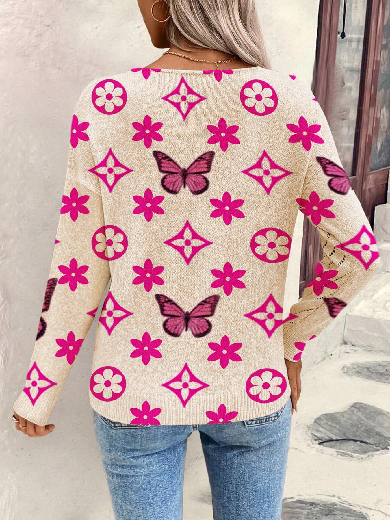 Women's Geometric Butterfly Print Long Sleeve Knit Top, Casual Elegant Vacation Style Sweater, Loose V Neck, Comfortable Warm Fall Winter Knitwear